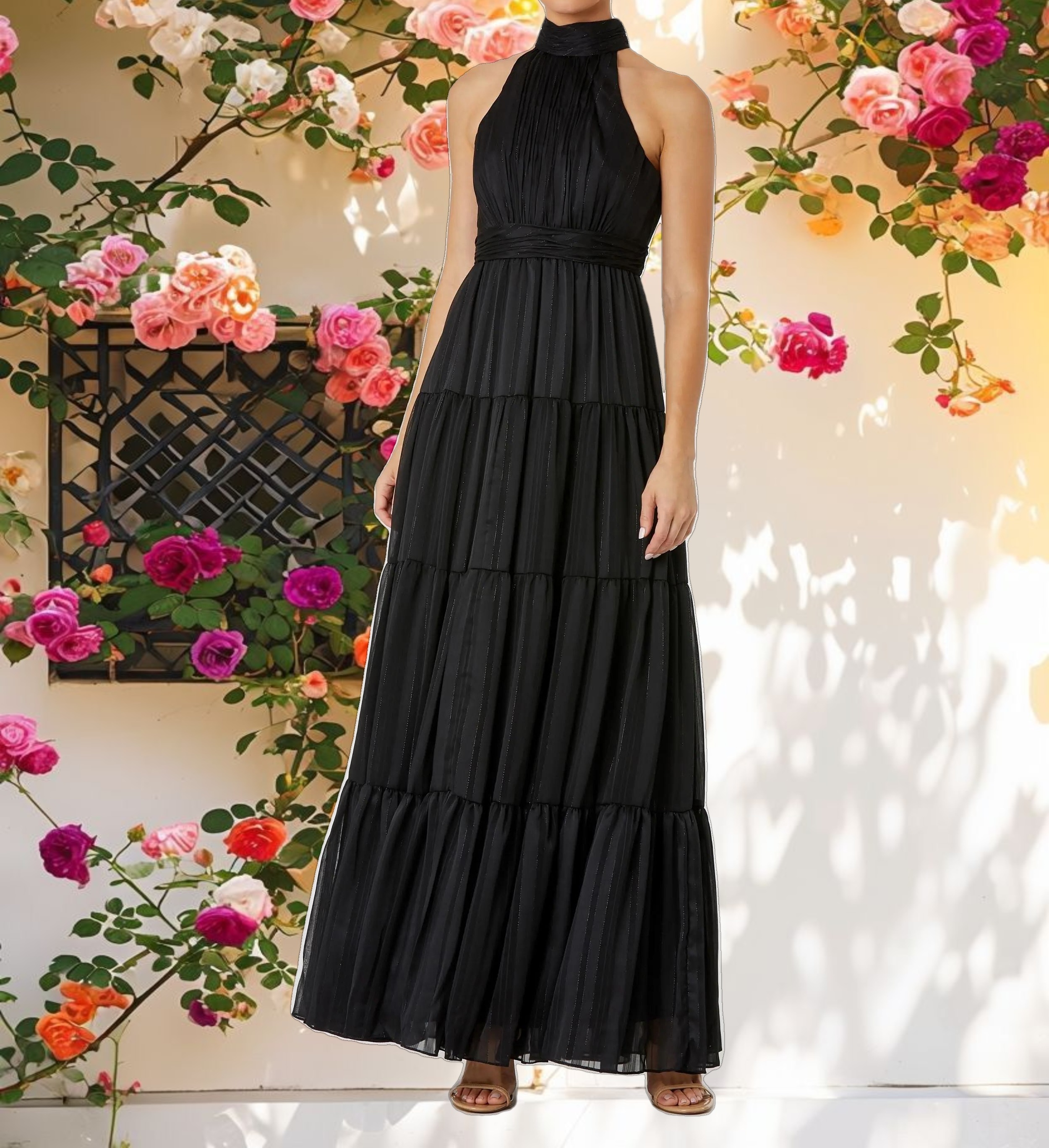 Black Tie Halter Neck Tiered Gown