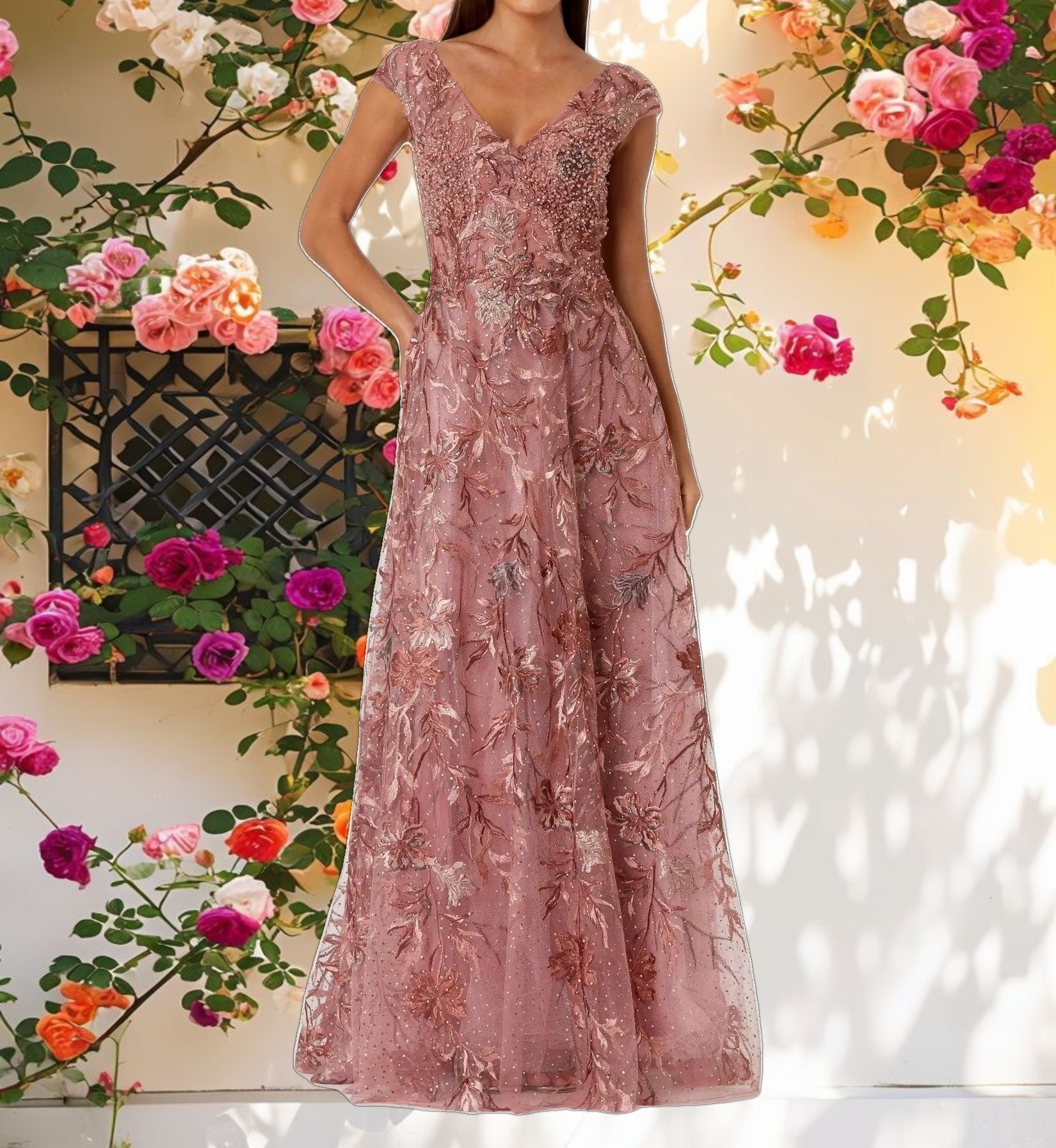 Pink Embroidered Illusion Cap Sleeve A Line Gown