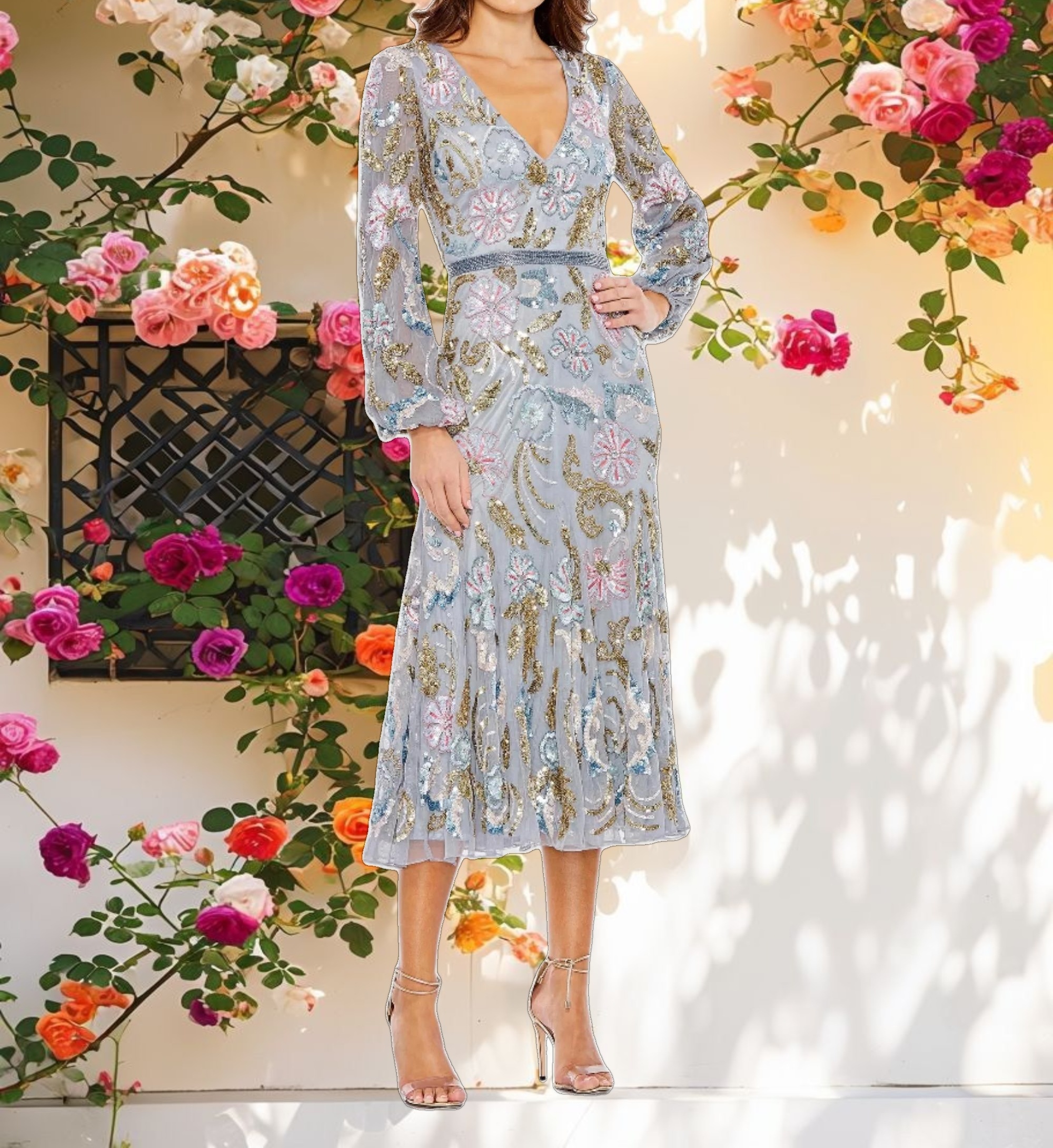 Long Cuff Sleeve Embellished Midi Dress