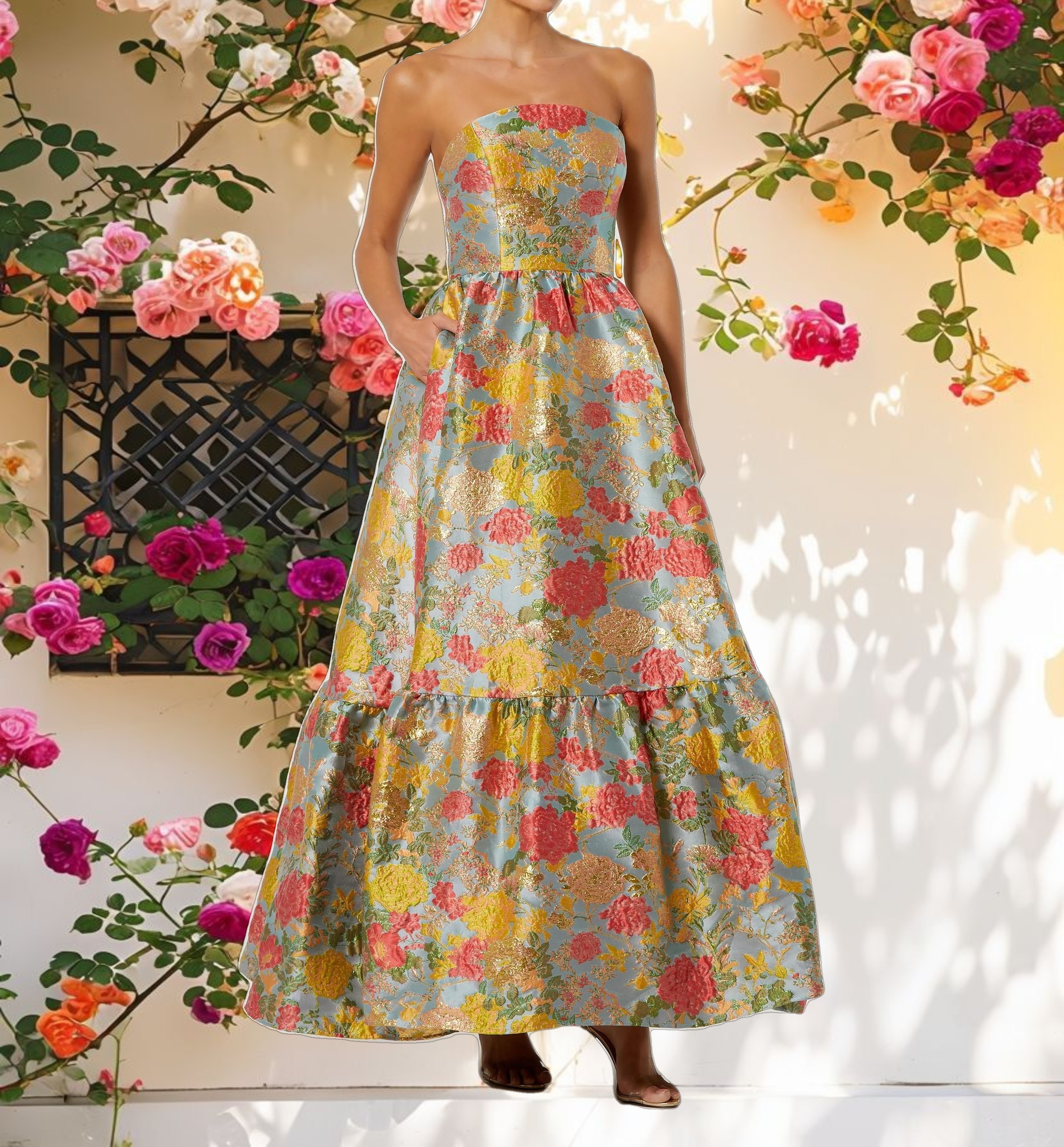 Multi-color Strapless Floral Dress With Ruffle Hem