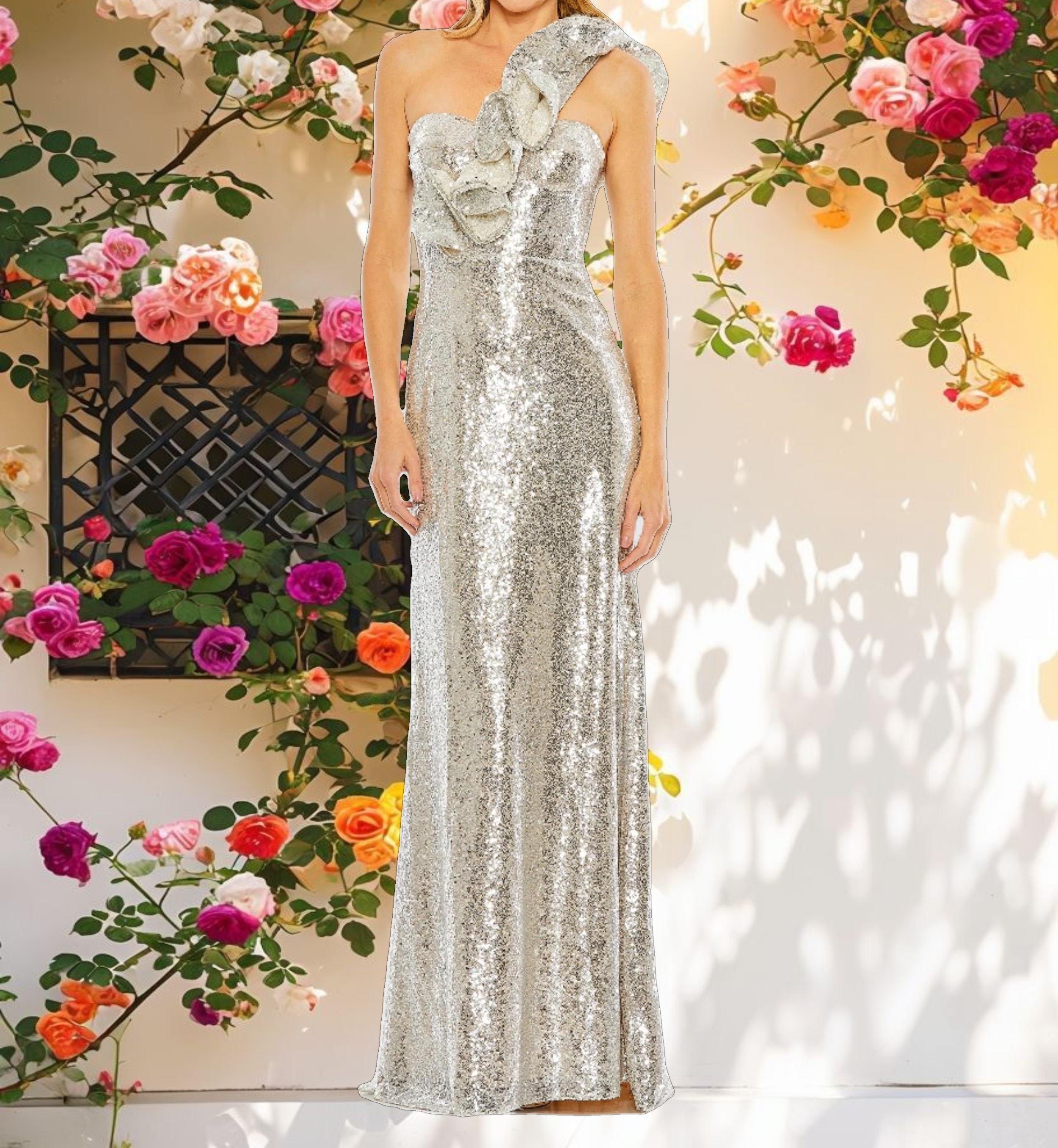 Silver Sequin Ruffled One Shoulder Gown