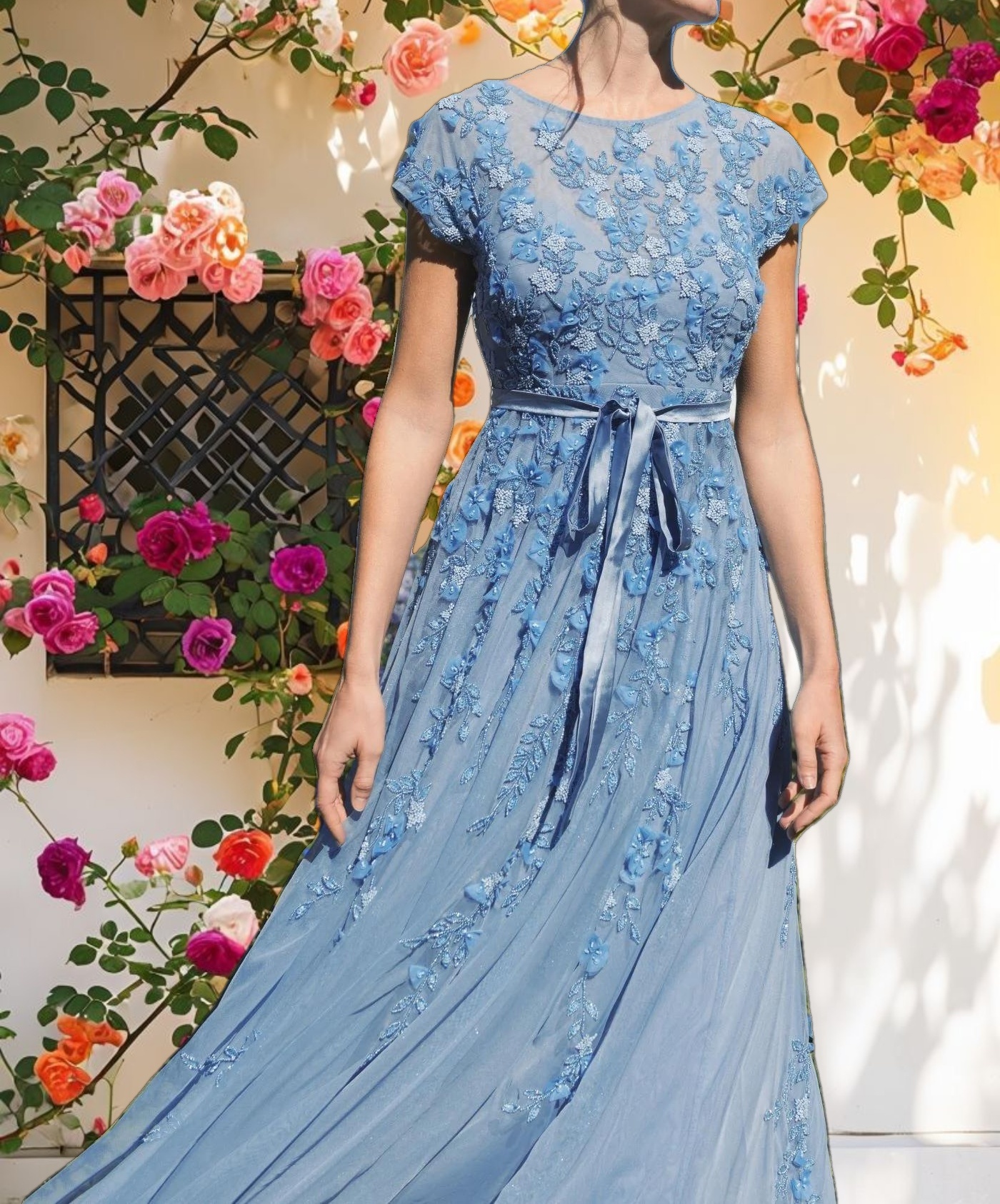 Blue Floral Embellished Short Sleeve Mesh Gown