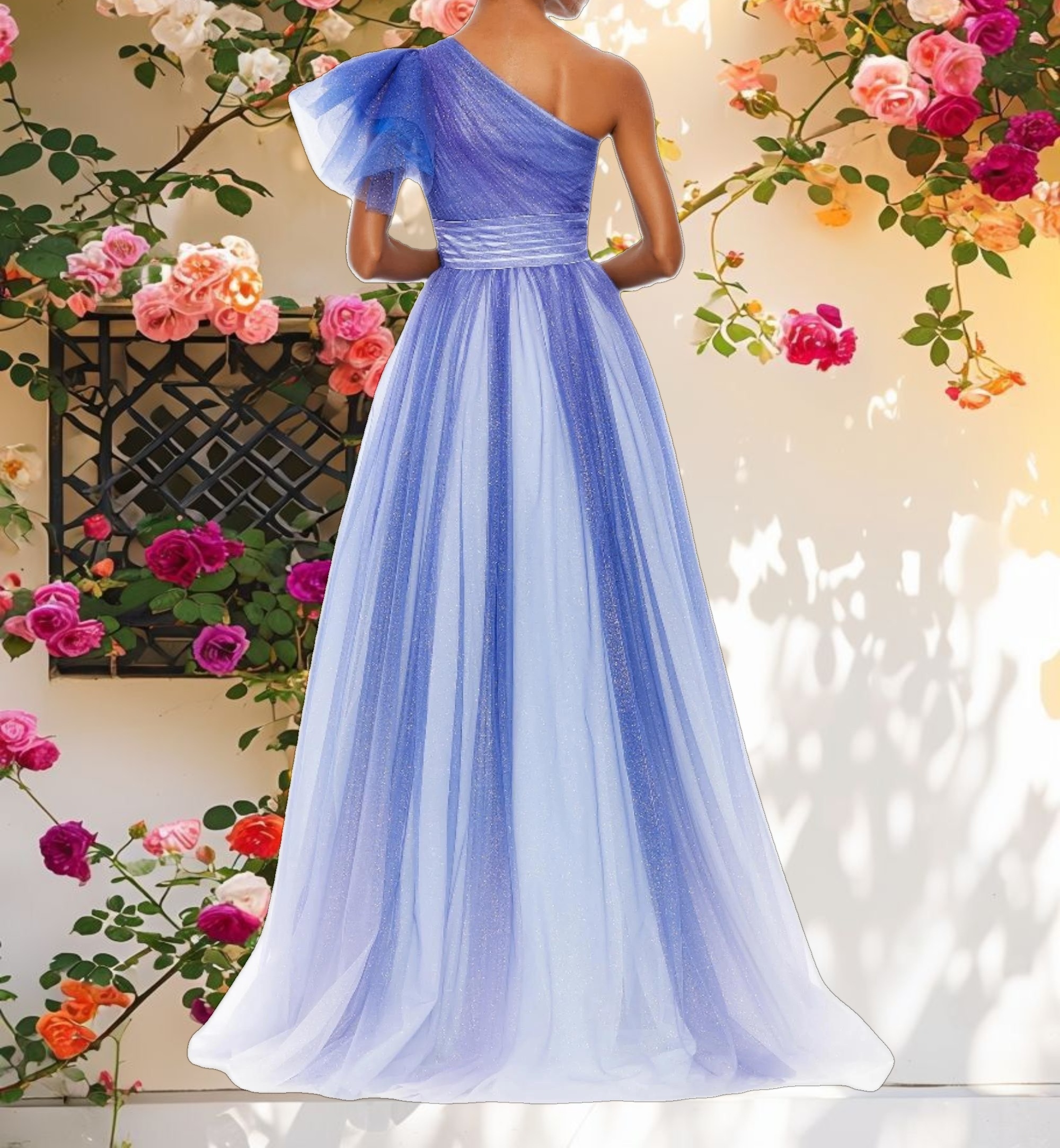 Blue Glitter Ombre Ruffled One Shoulder Ballgown