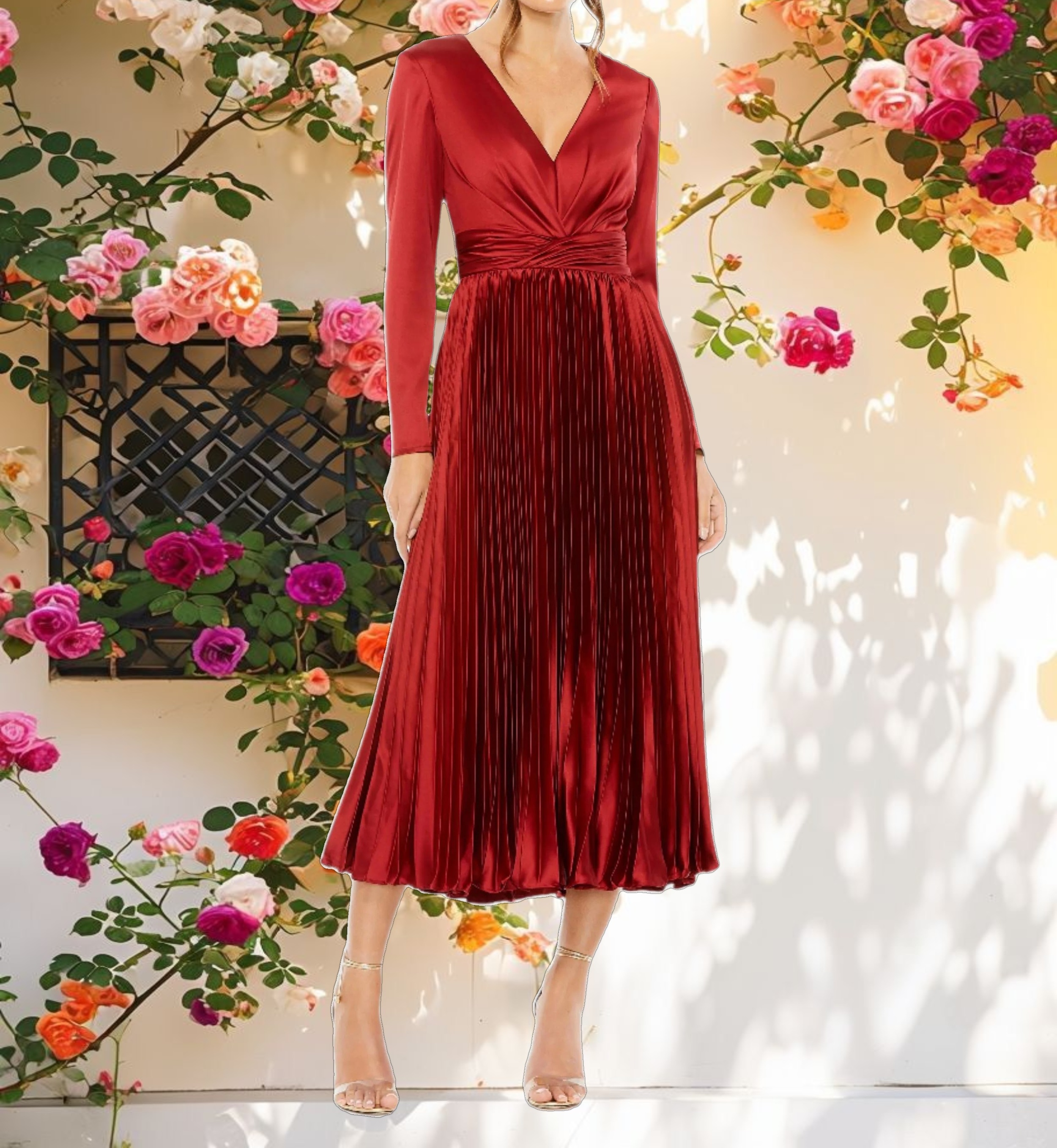 Pleated Long Sleeve V-Neck Dress