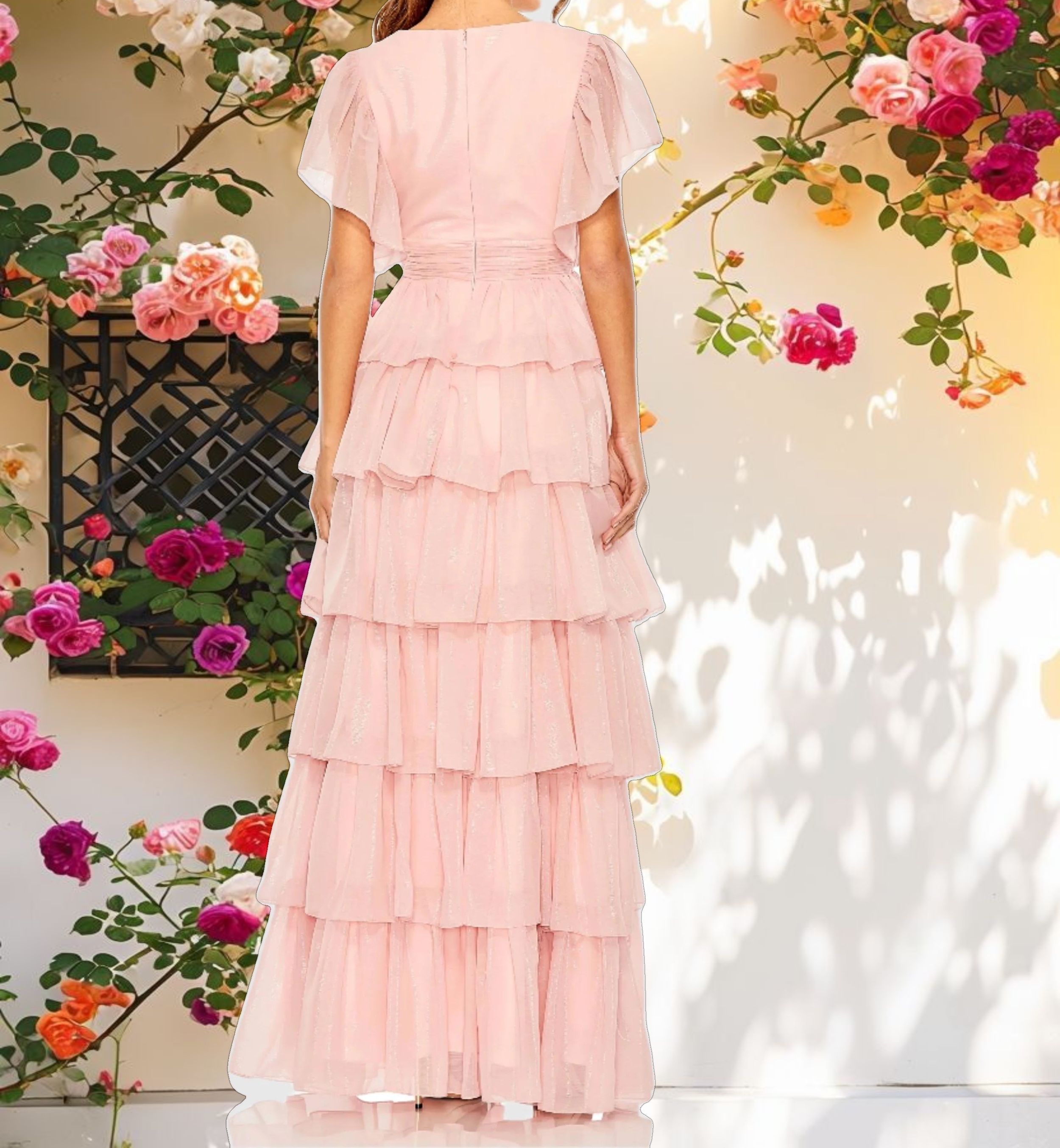 Pink Flutter Sleeve Ruffle Tiered Gown