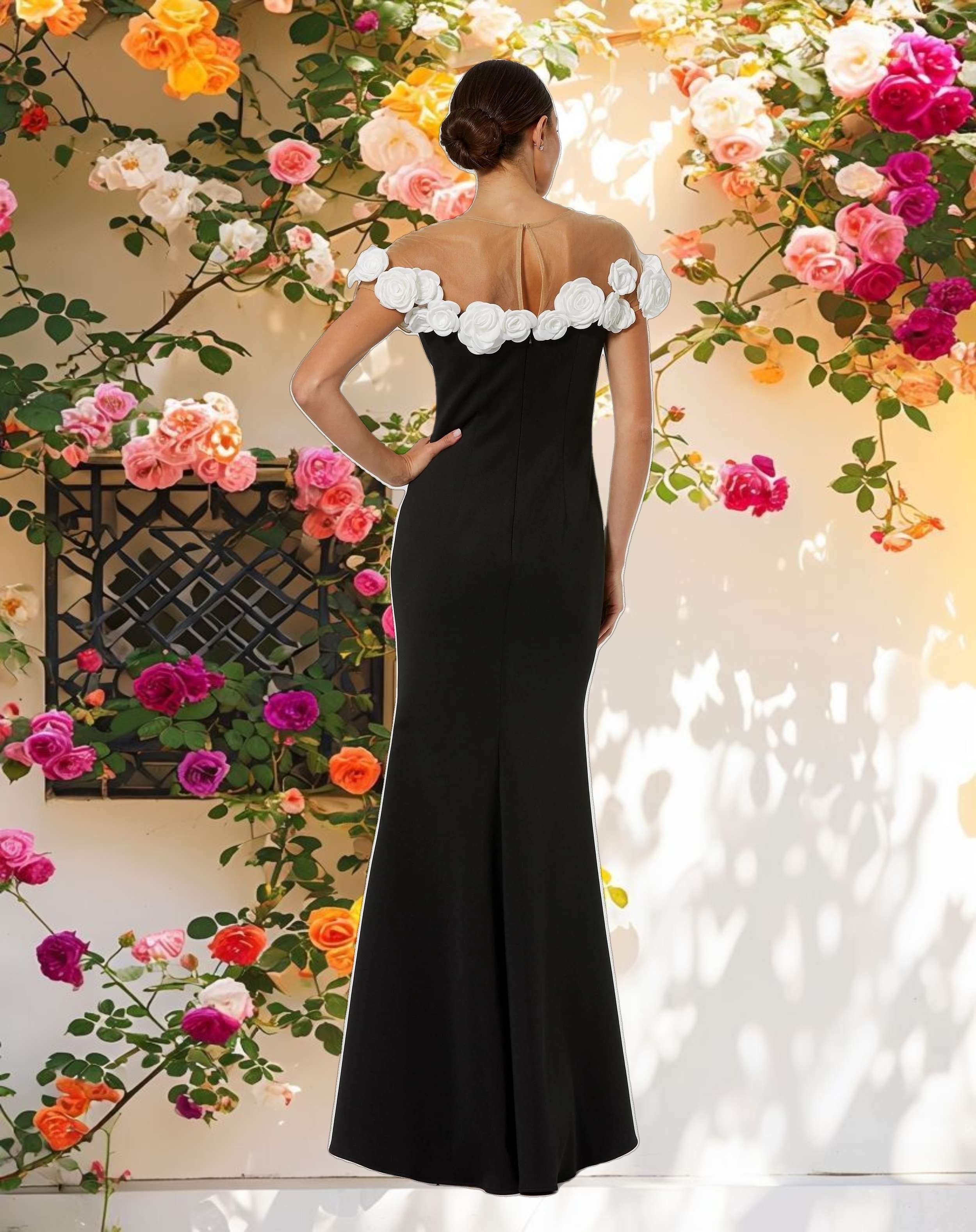 Black and White Stretch Crepe Mermaid Gown With 3D Flowers