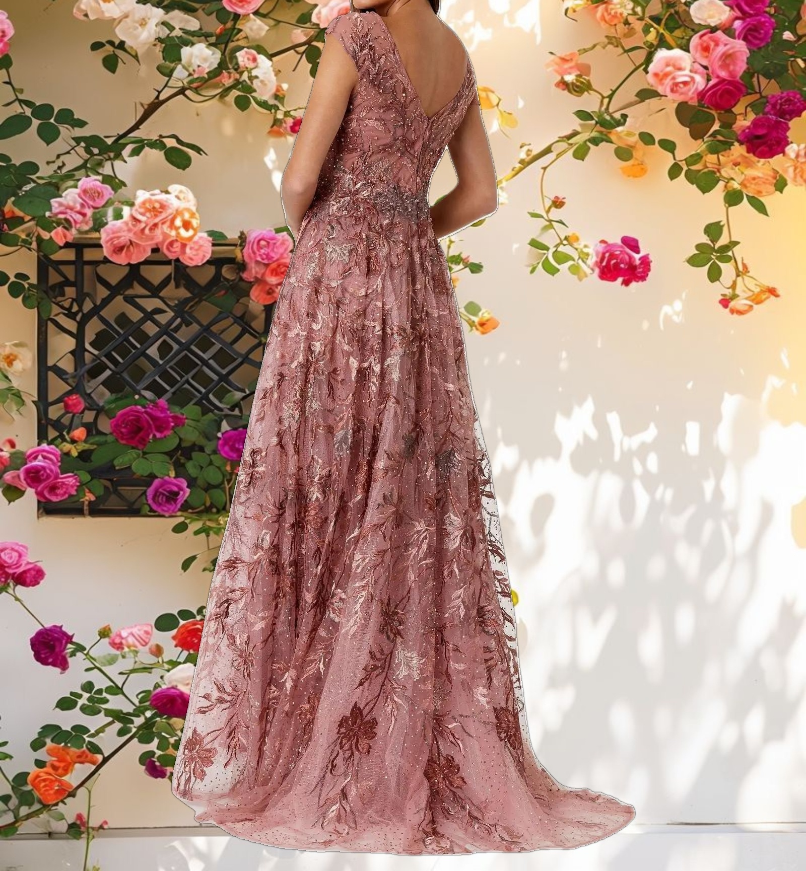 Pink Embroidered Illusion Cap Sleeve A Line Gown