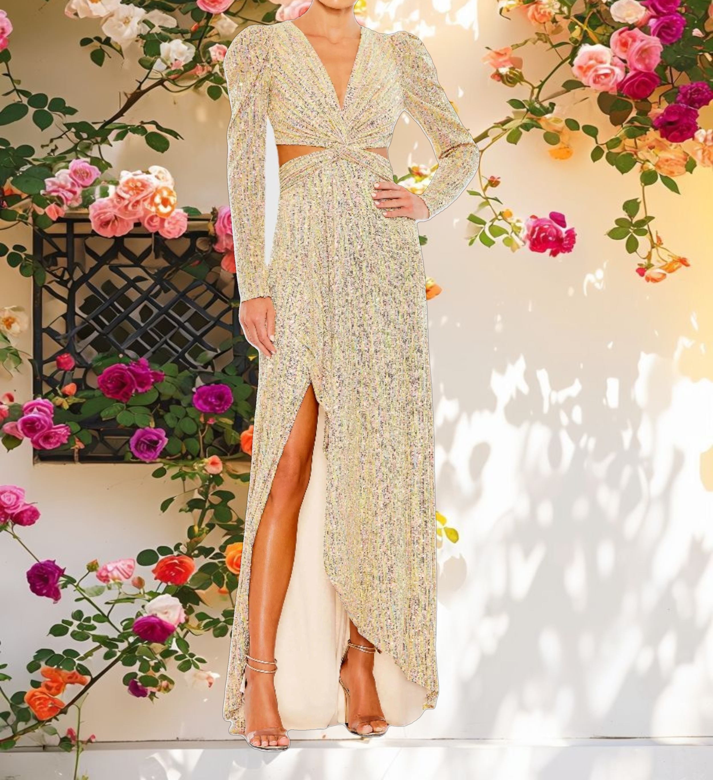 Shimmering Puff Sleeve Front Cut Out Dress