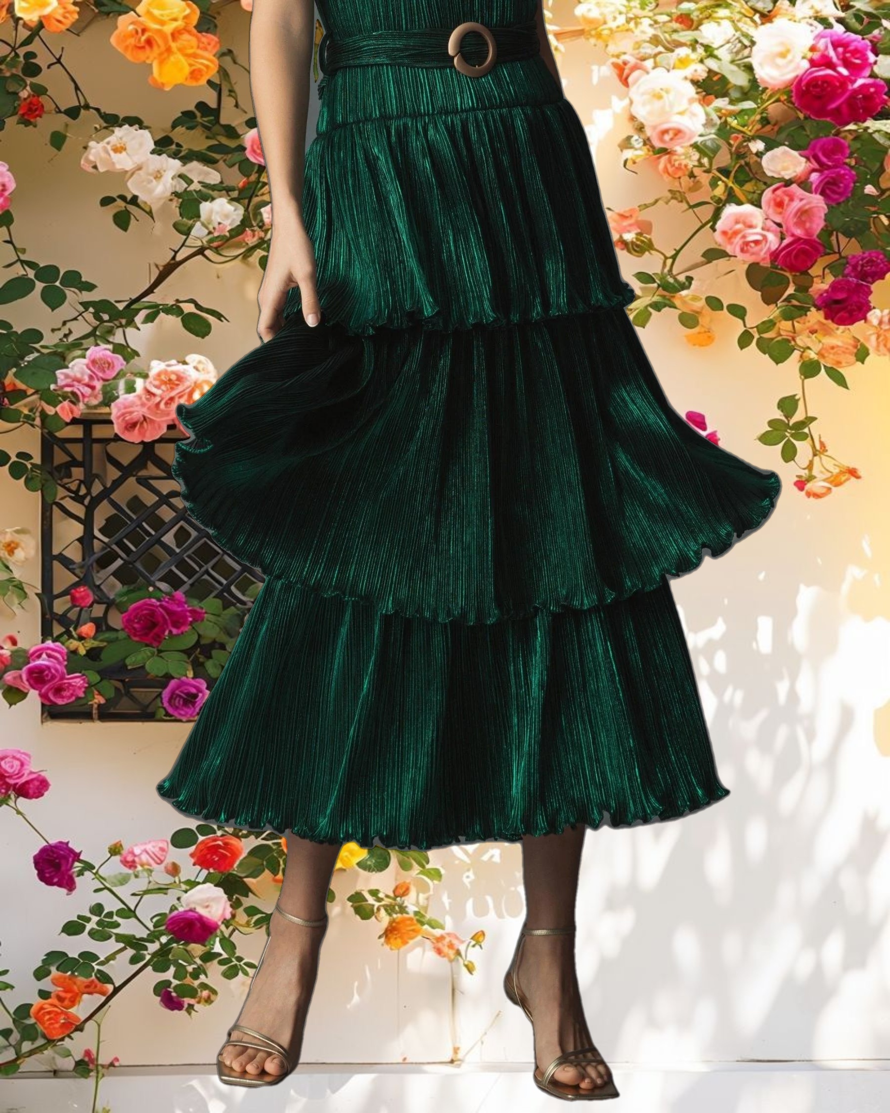 Green Ruffle Tiered Buckle Detail Dress