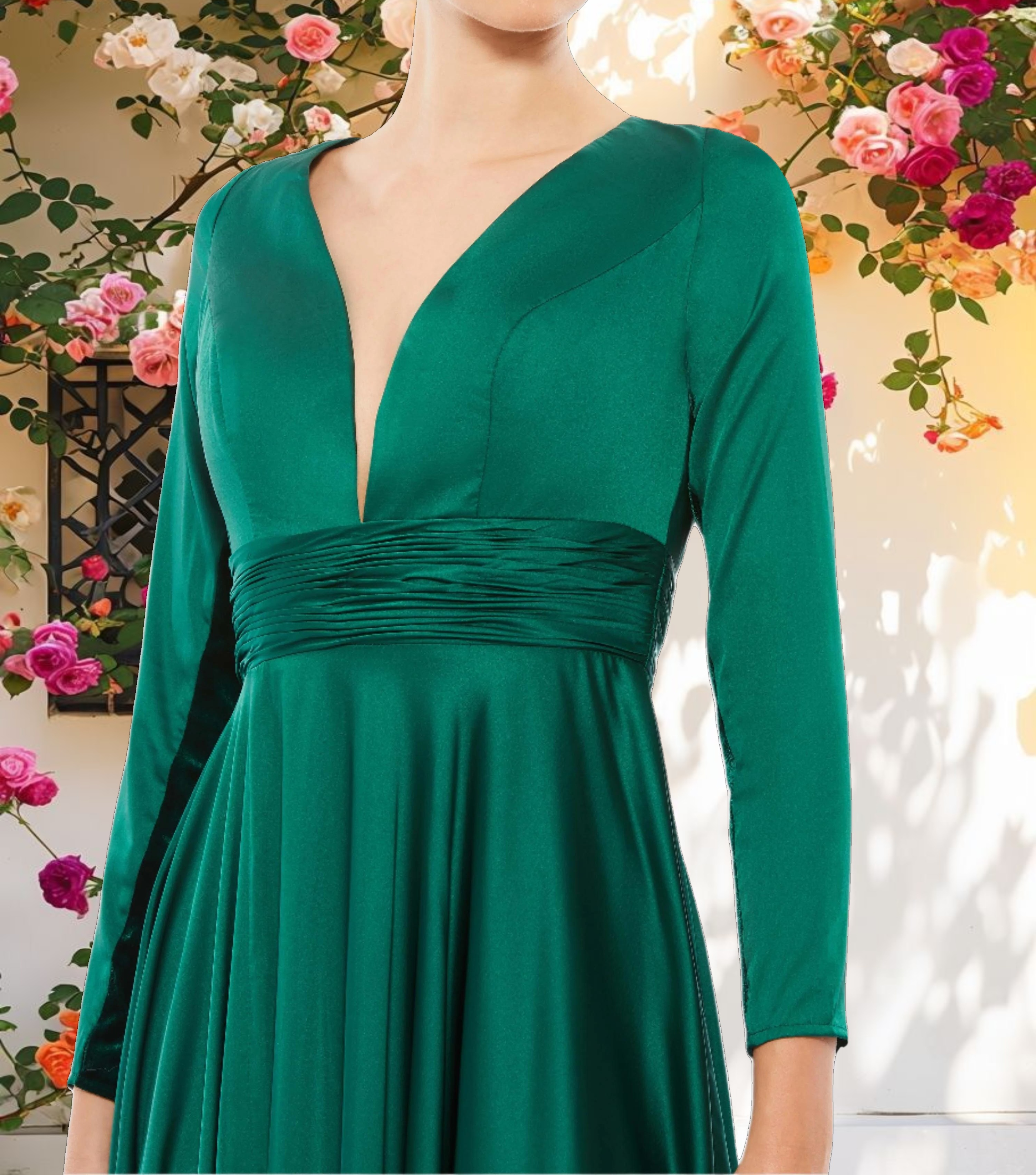 Elegant Long Sleeve Ruched Waist A Line Gown