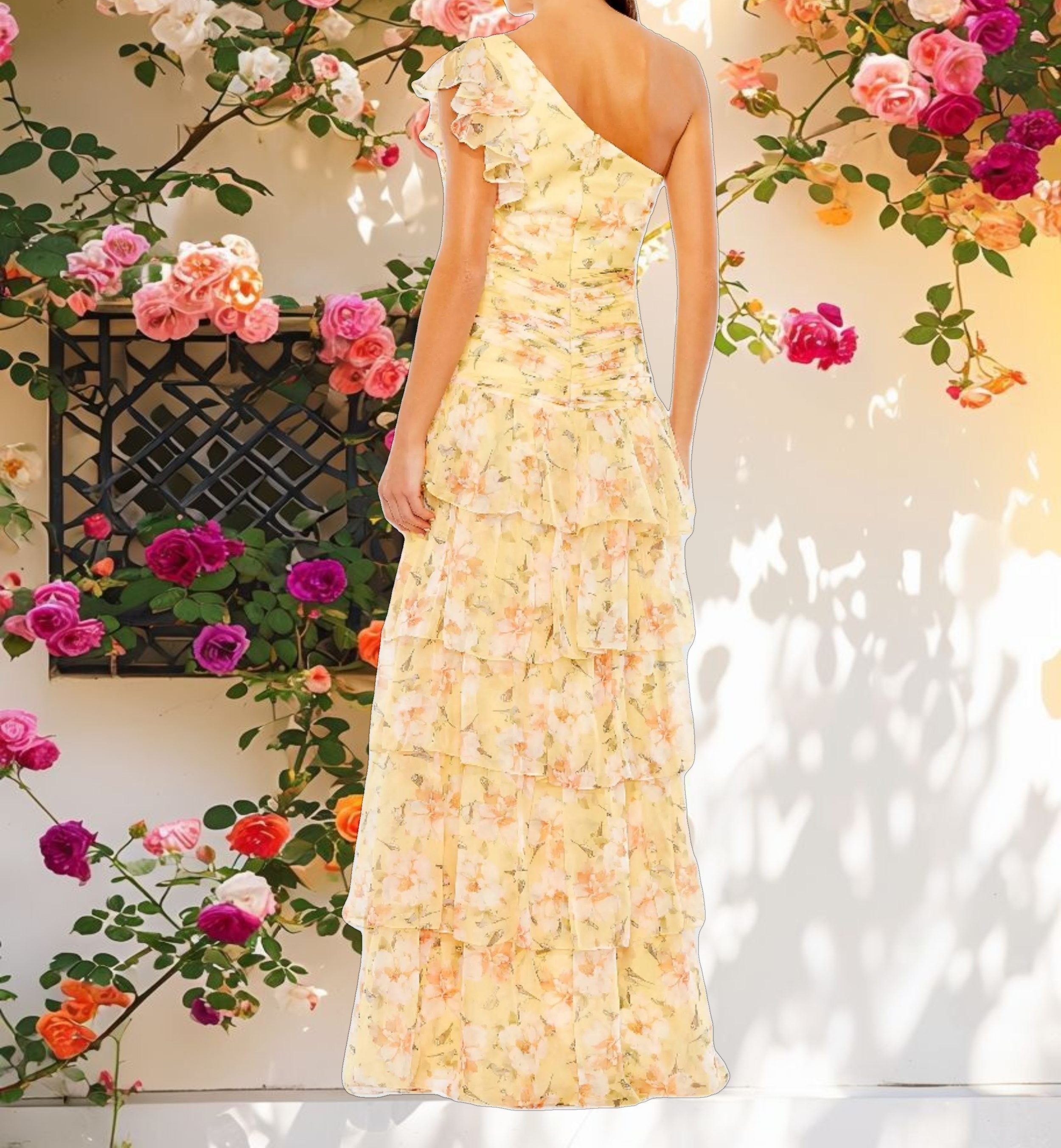 Floral Print Ruffle Tiered One Shoulder Gown