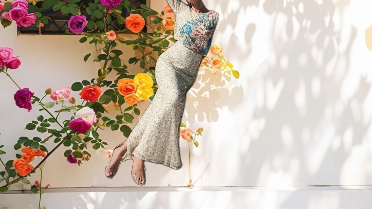 Beige Embellished Floral High Neck Gown