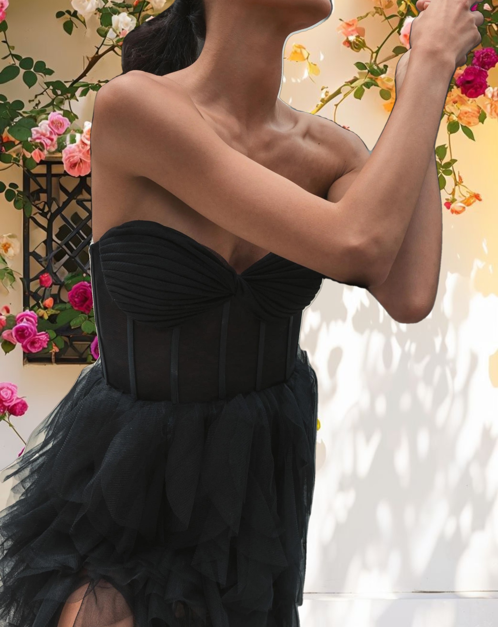 Black Strapless Bustier Gown With Spiral Ruffles