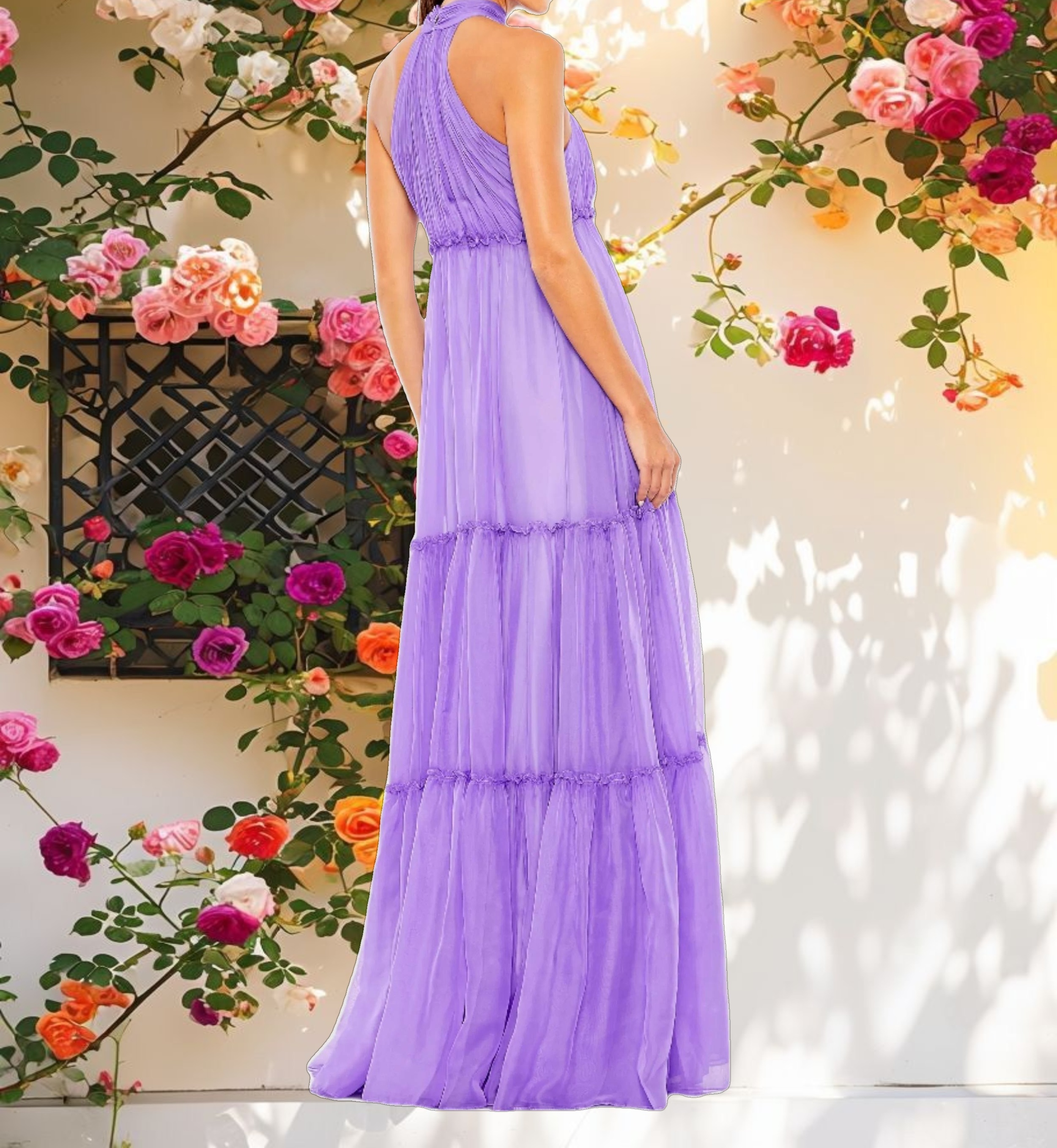 Purple Ruched Tiered High Neck Bow A Line Gown