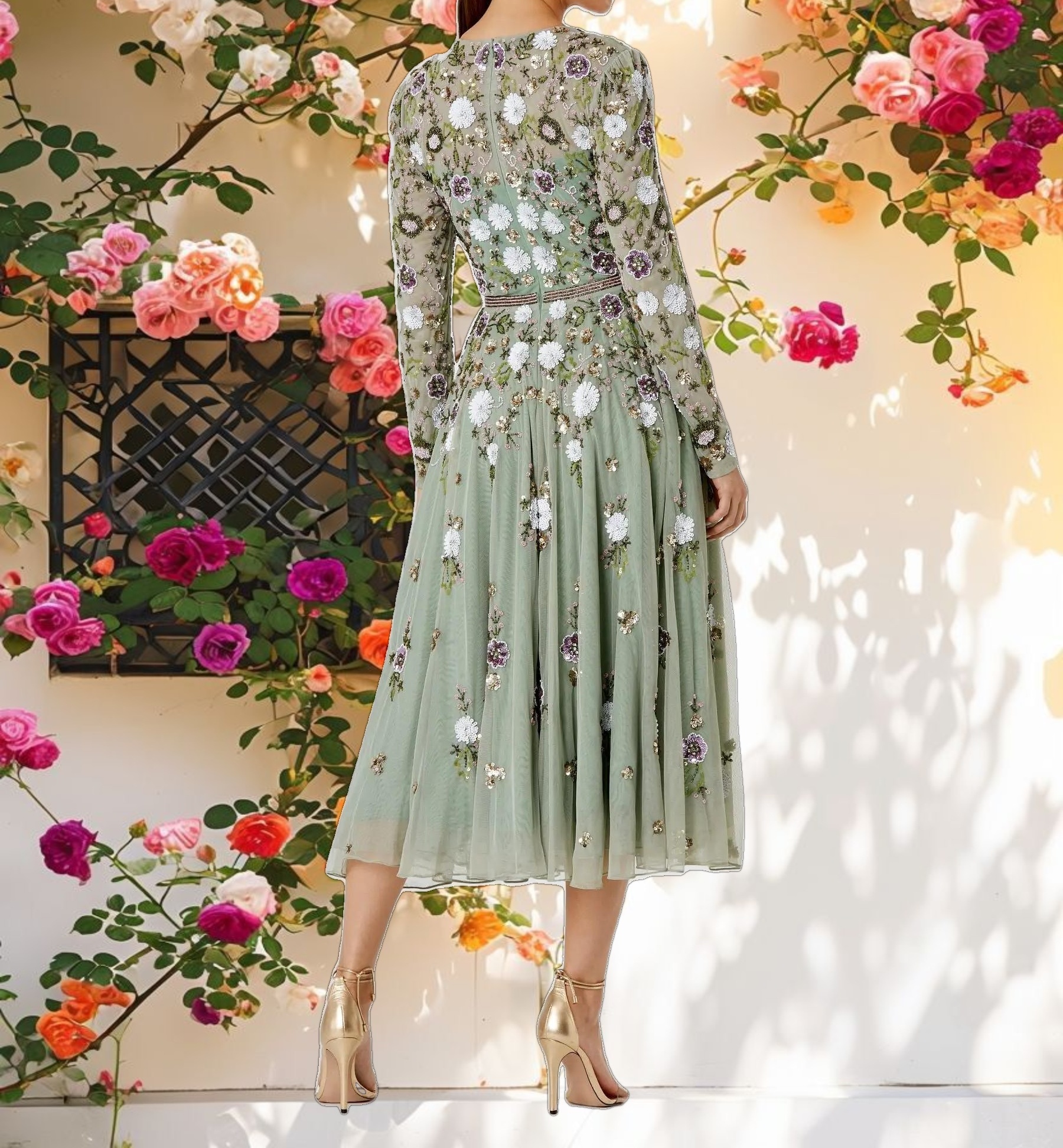 Stylish Sequined Floral Long Sleeve High Neck Midi Dress