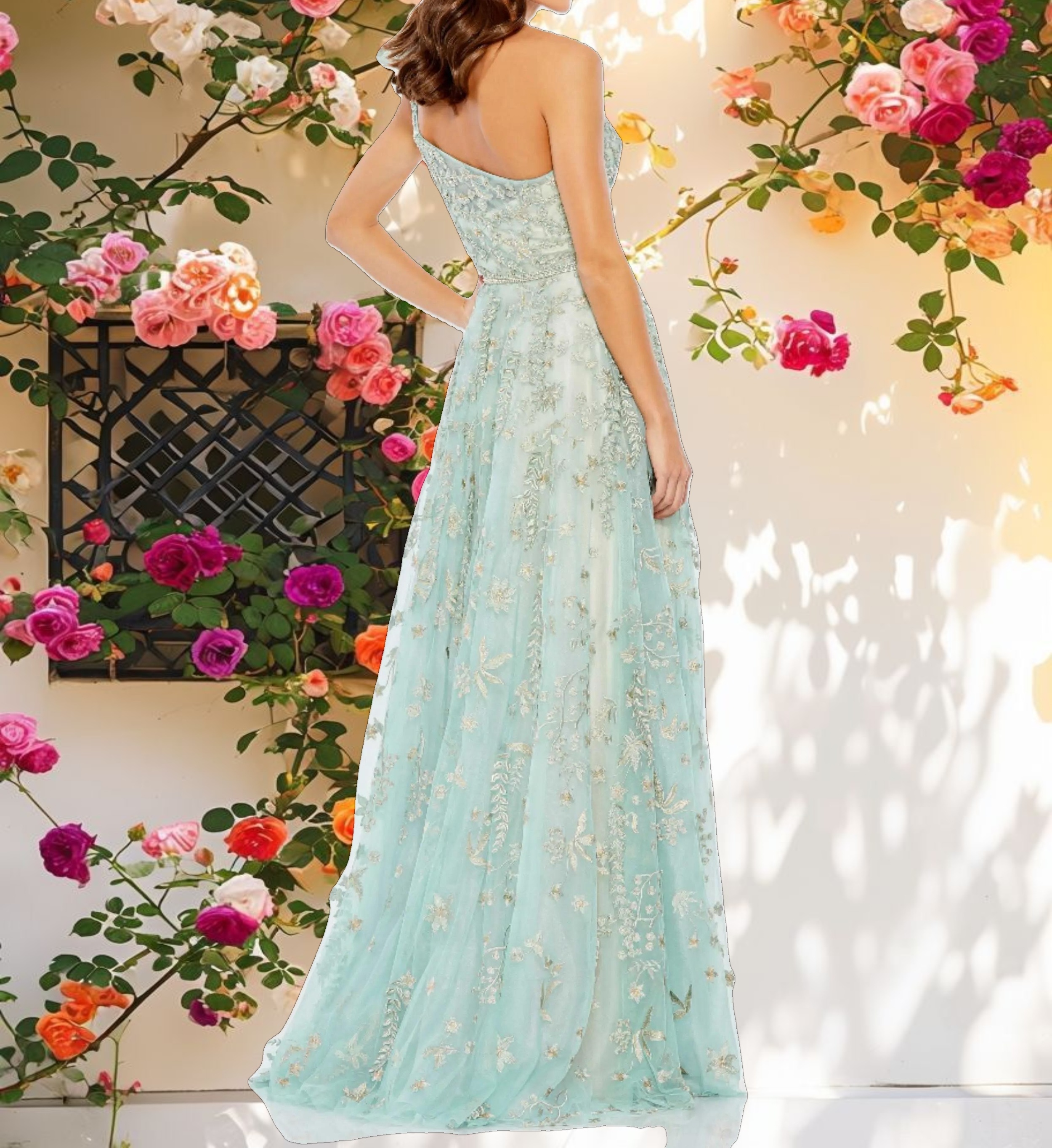 Green Embellished Bow One Shoulder A Line Gown