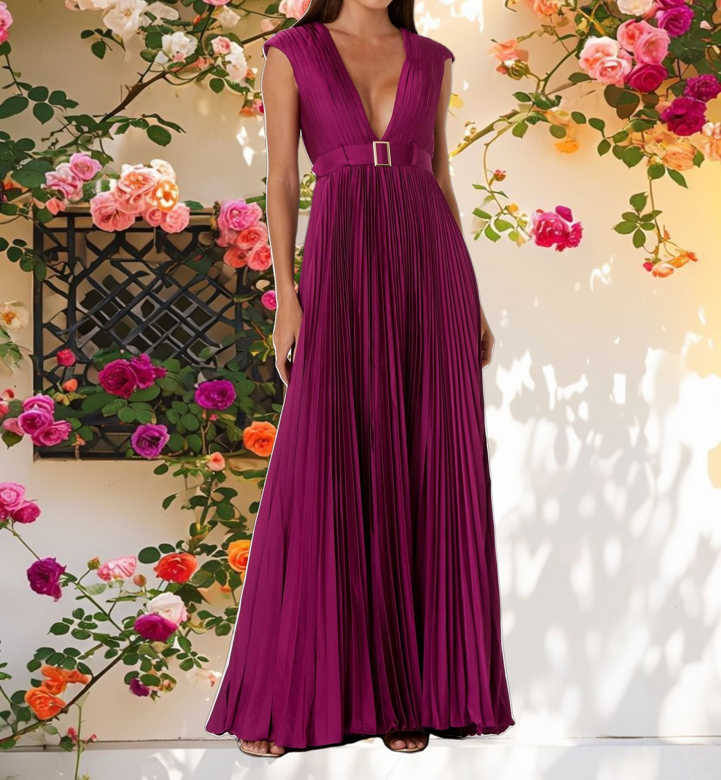 Purple Pleated Plunge Neck Belted A Line Gown