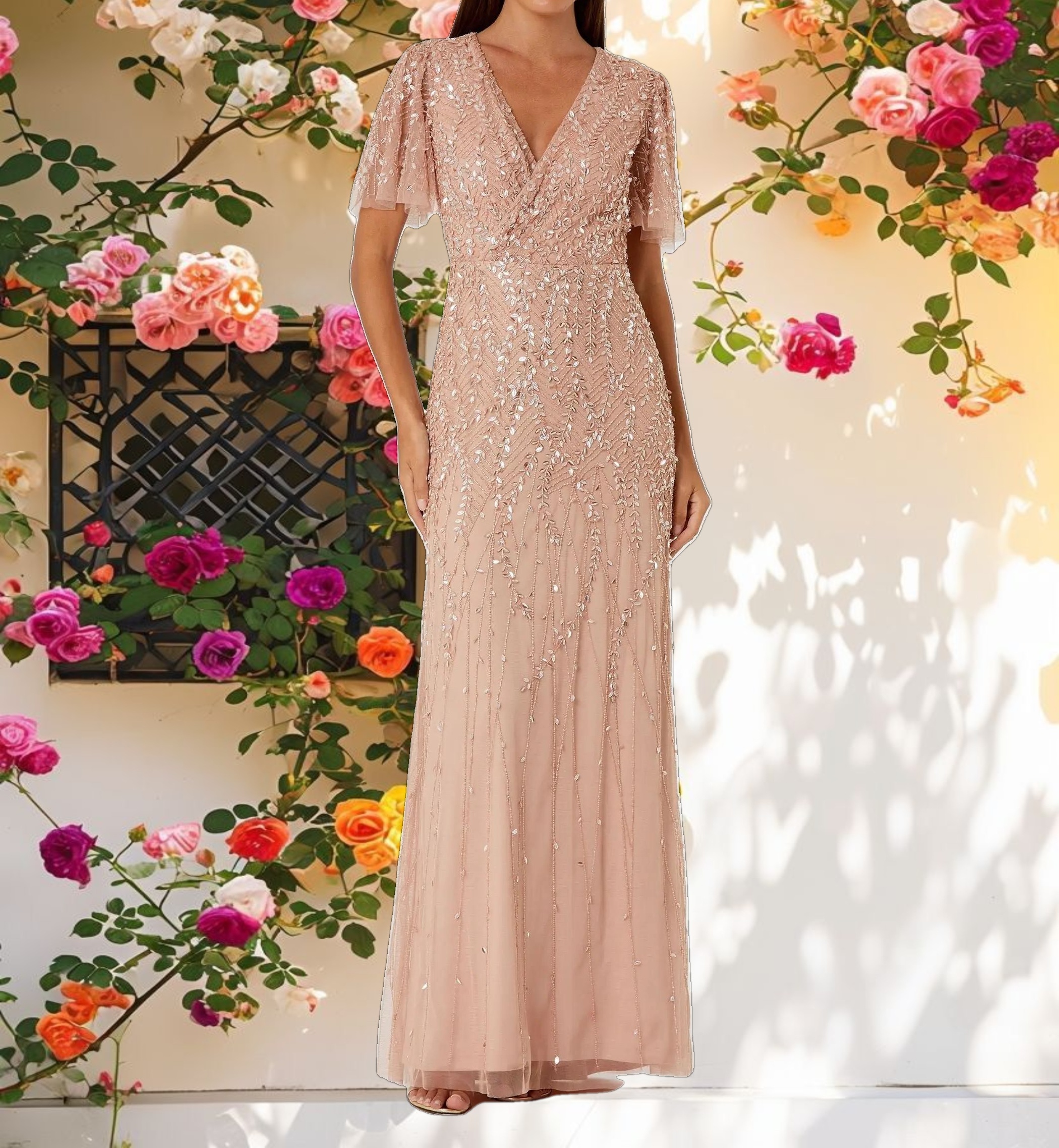 Pink Embellished Flutter Sleeve Gown