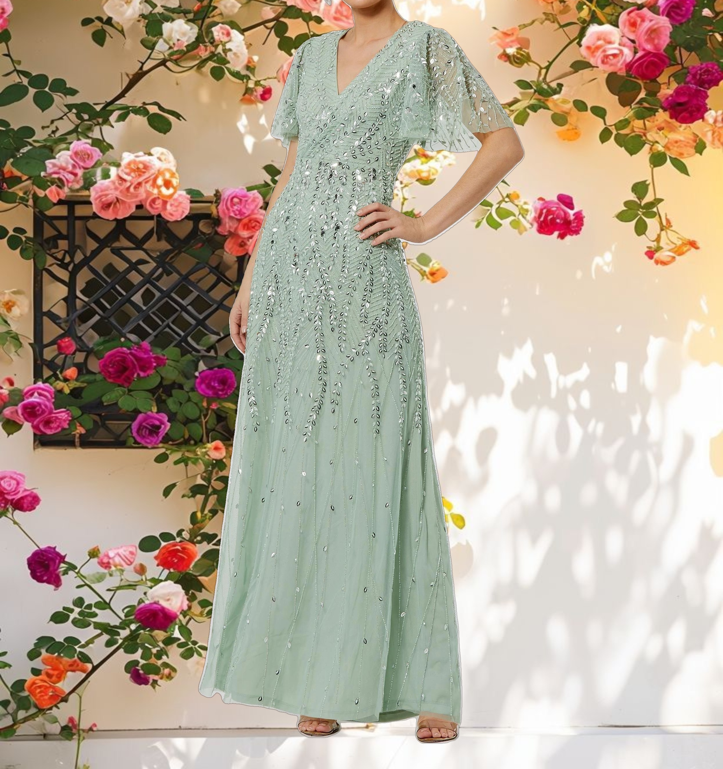 Embellished Flutter Sleeve Gown