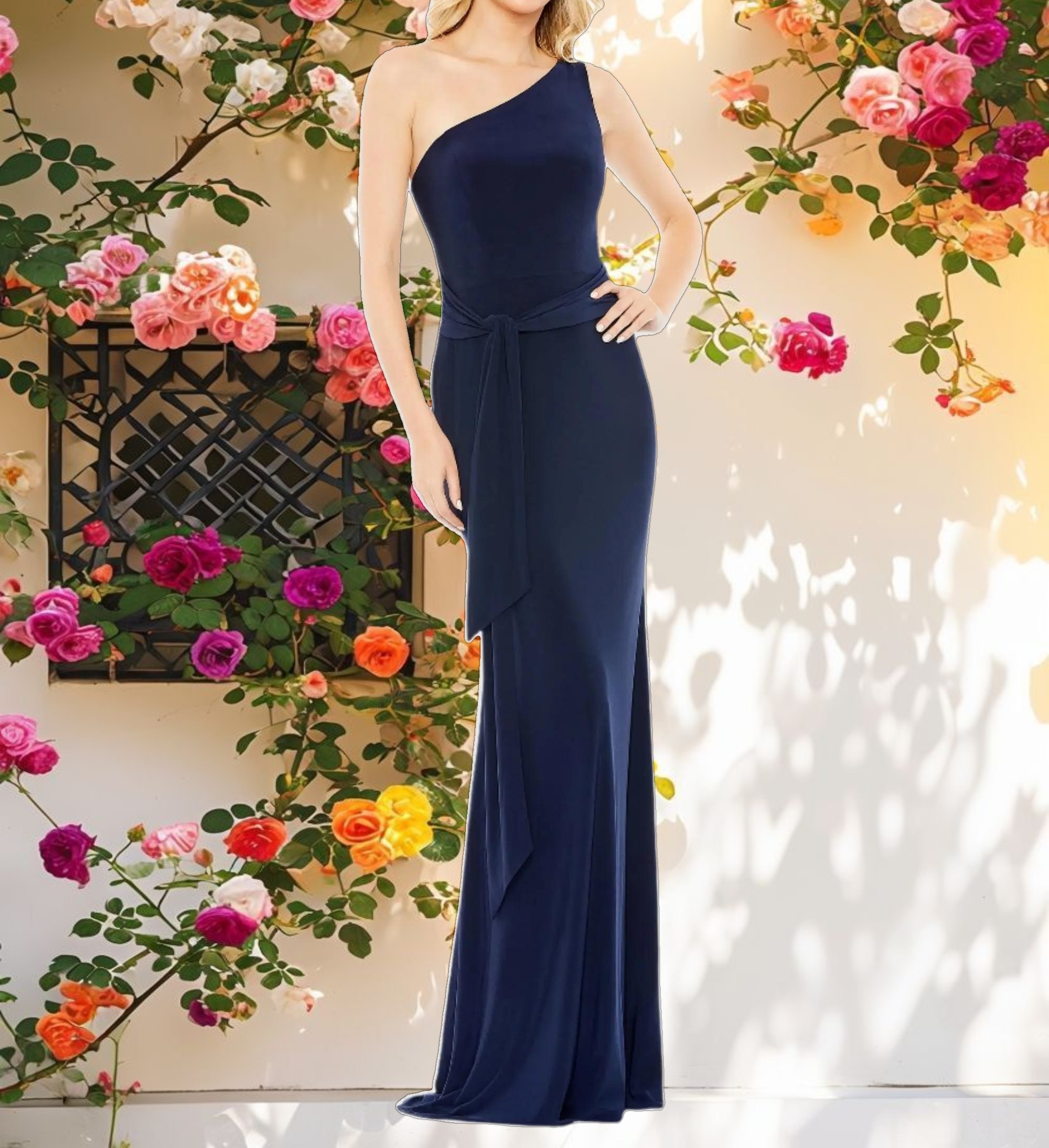 Navy Jersey One Shoulder Belted Trumpet Gown