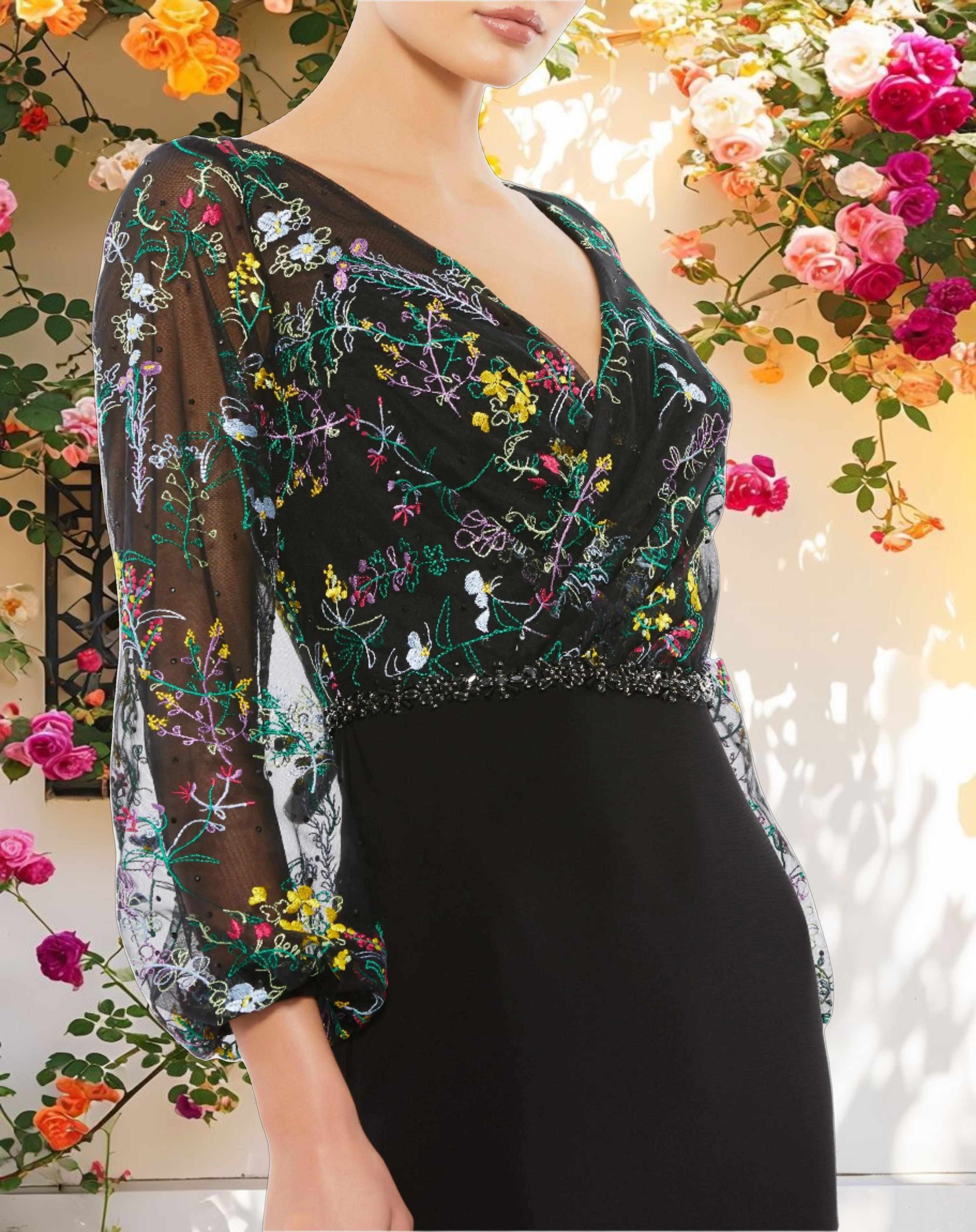 Embroidered Illusion Puff Sleeve Gown