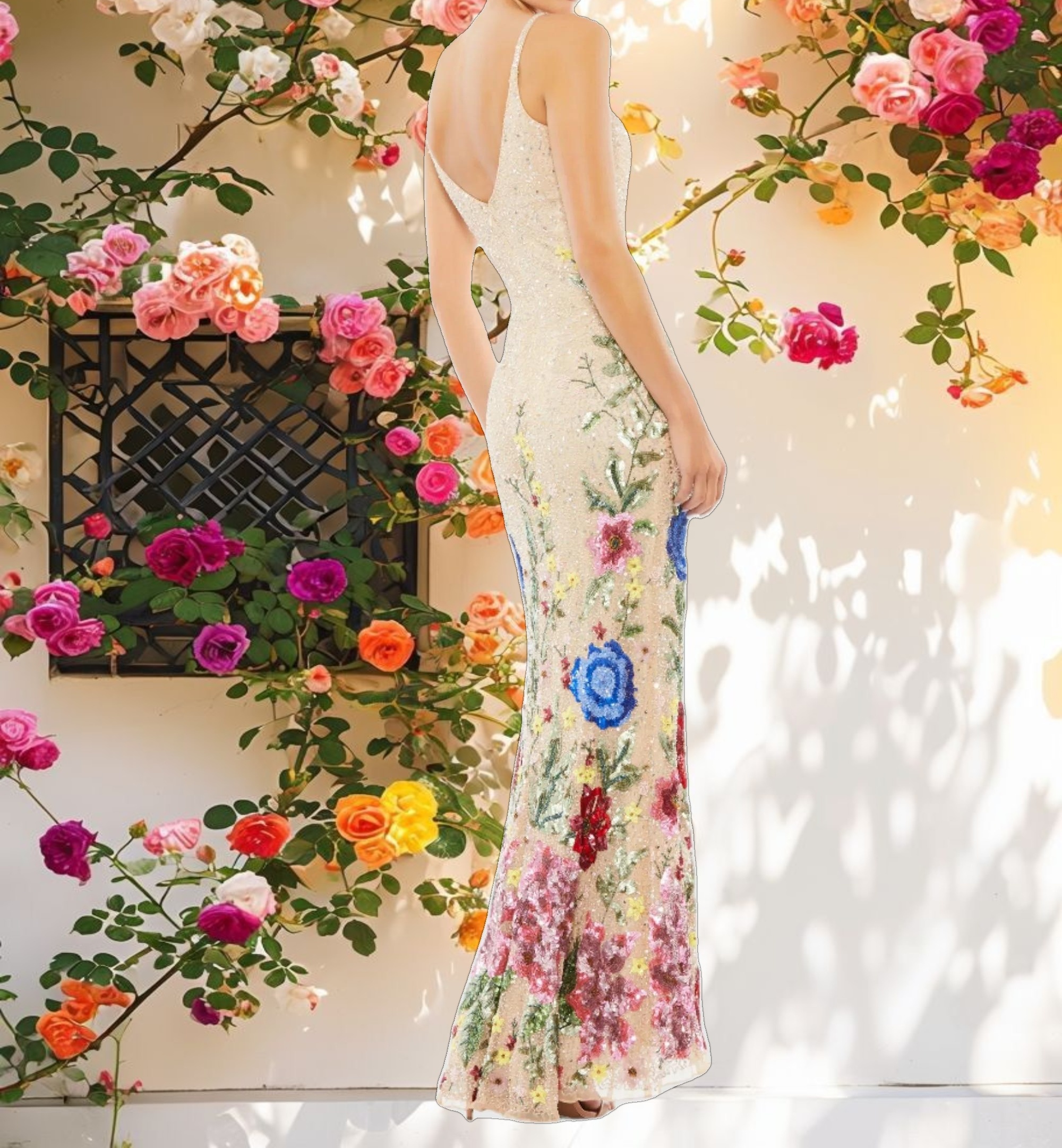 Beige Floral Embellished Spaghetti Strap Gown