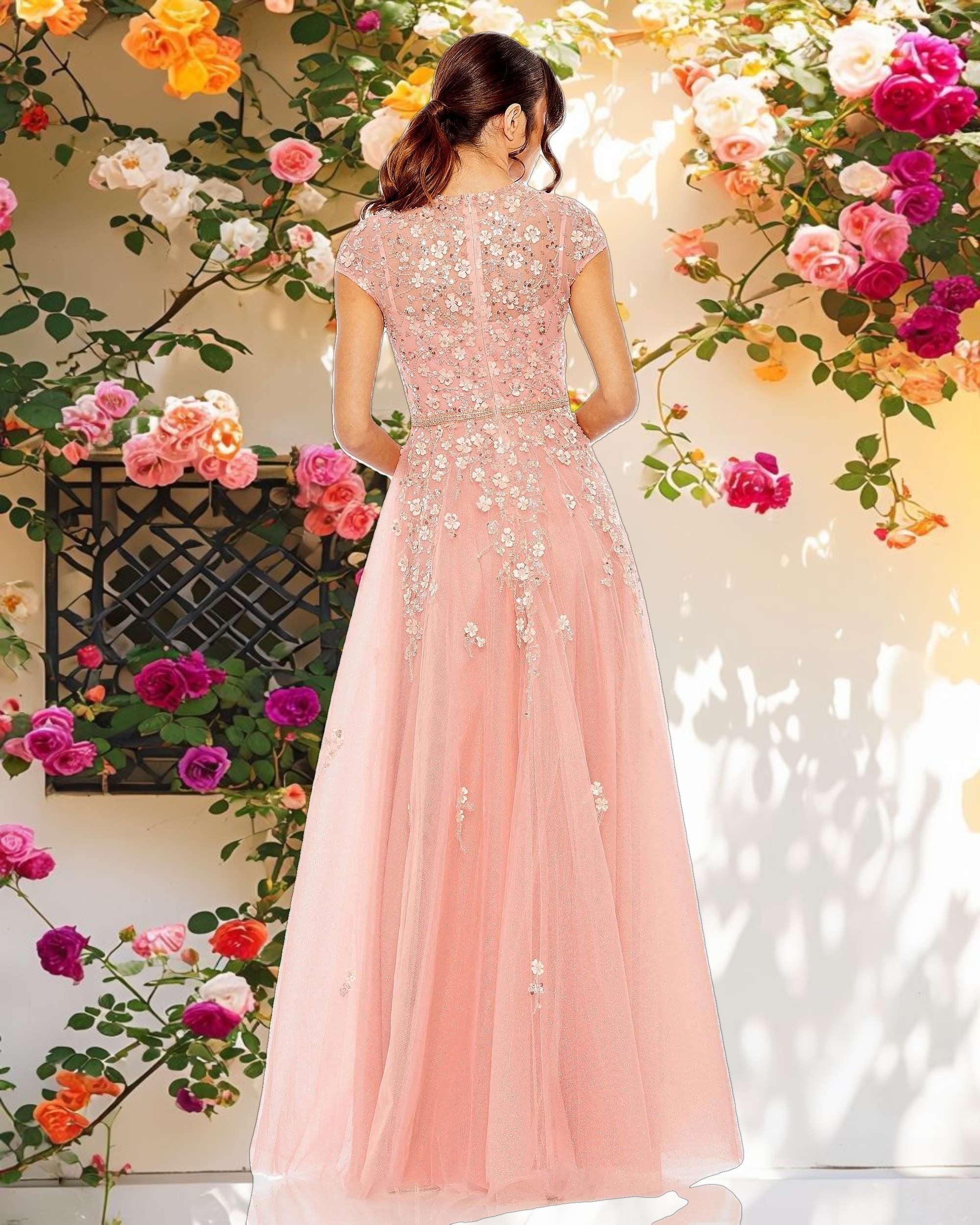 Pink High Neck Cap Sleeve Embellished A Line Gown