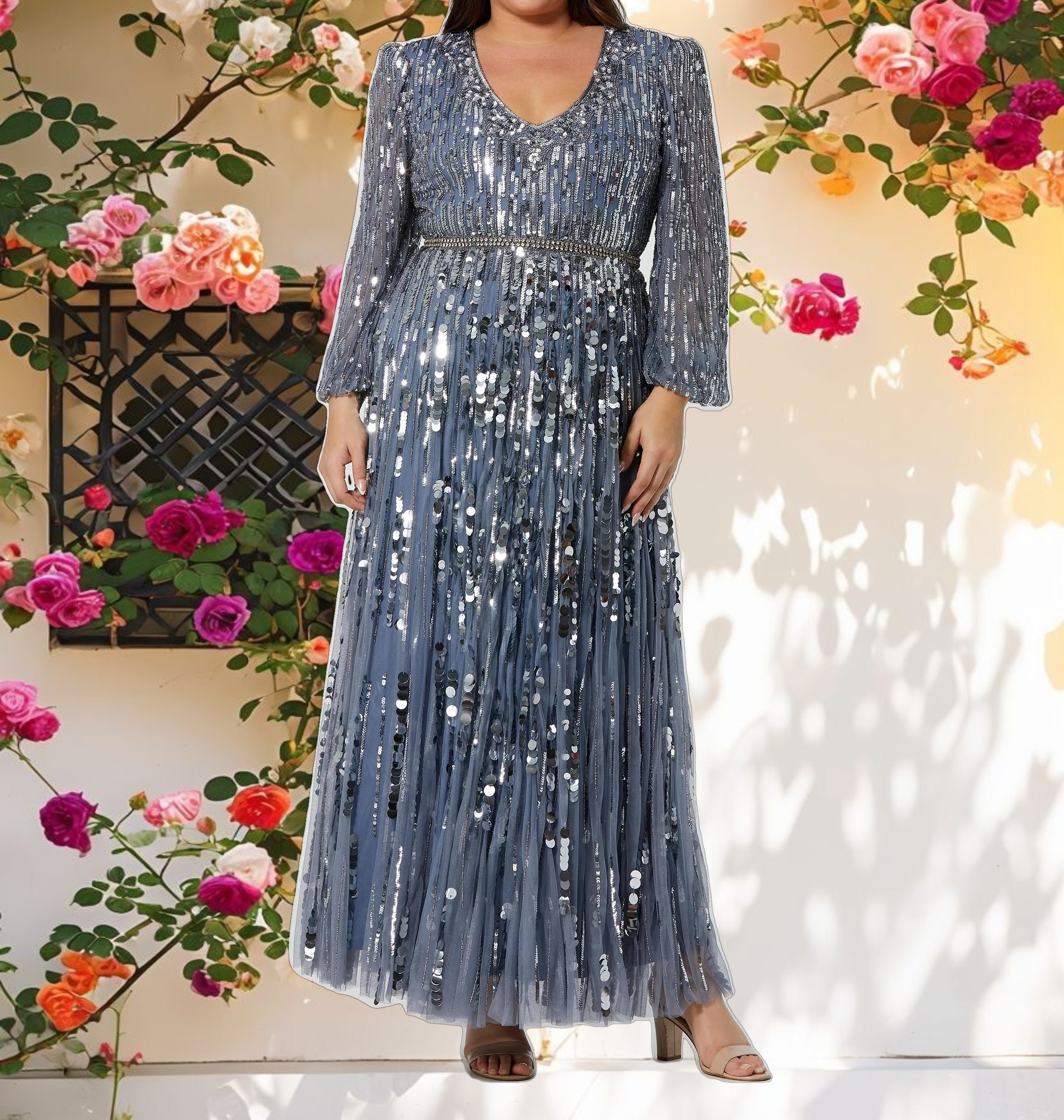 Silver Long Sleeve Beaded Crystal V Neck Gown