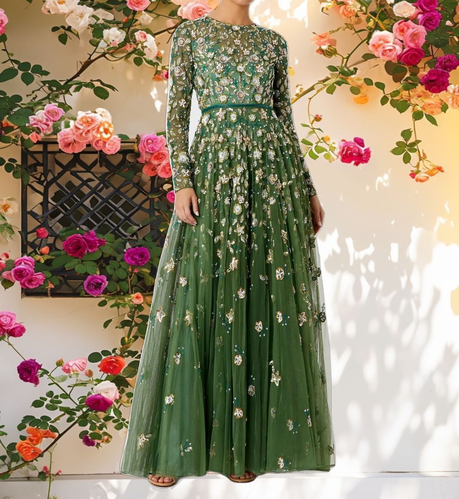 Embellished High Neck Long Sleeve A Line Gown