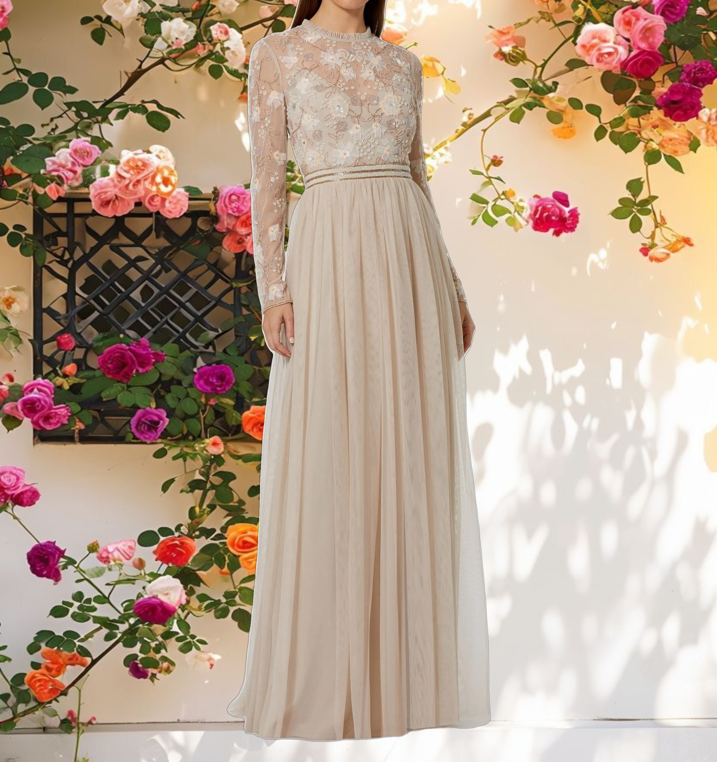 Embellished Illusion High Neck Long Sleeve Gown