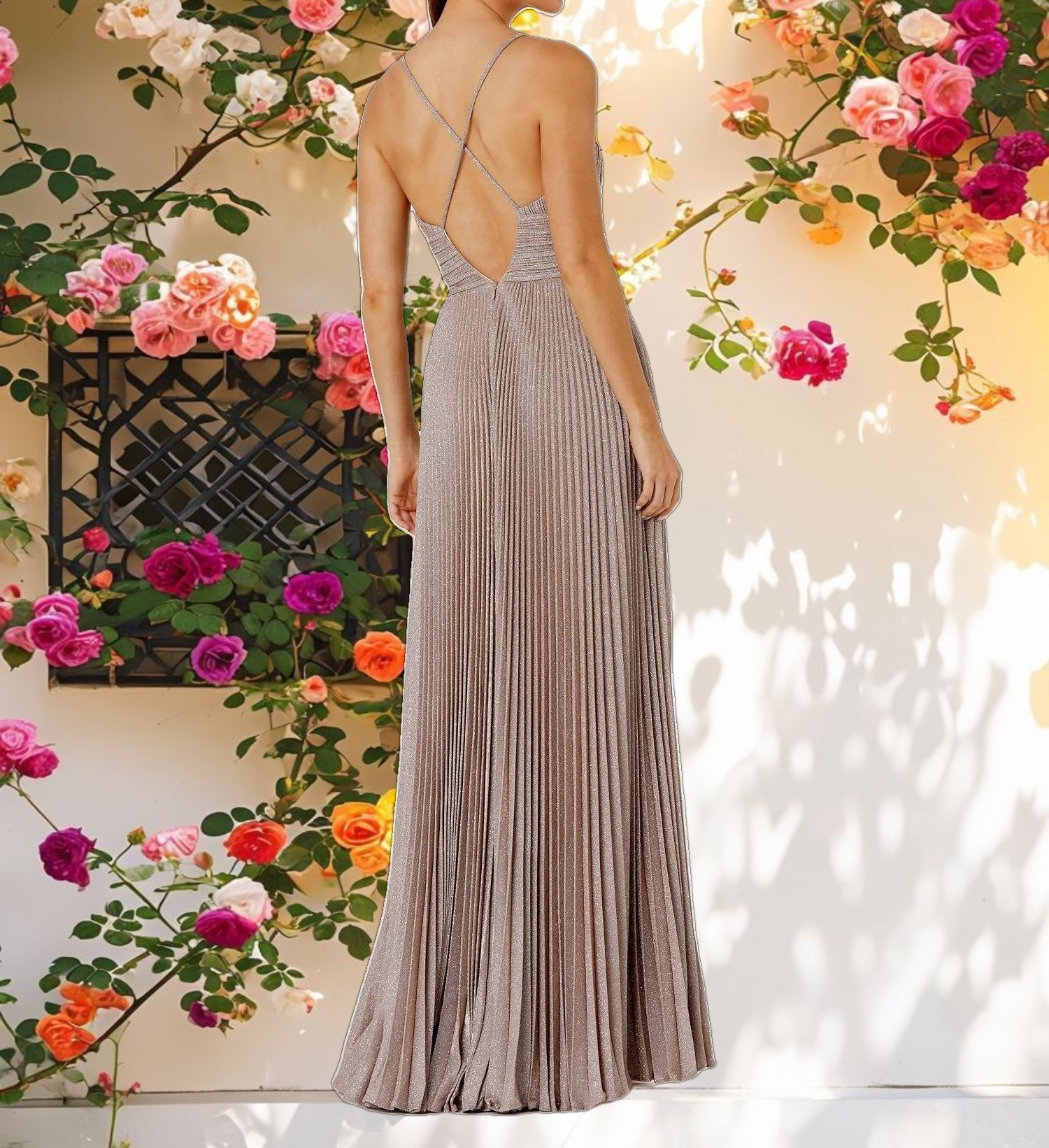 Pink Shimmer Pleated V-Neck Gown