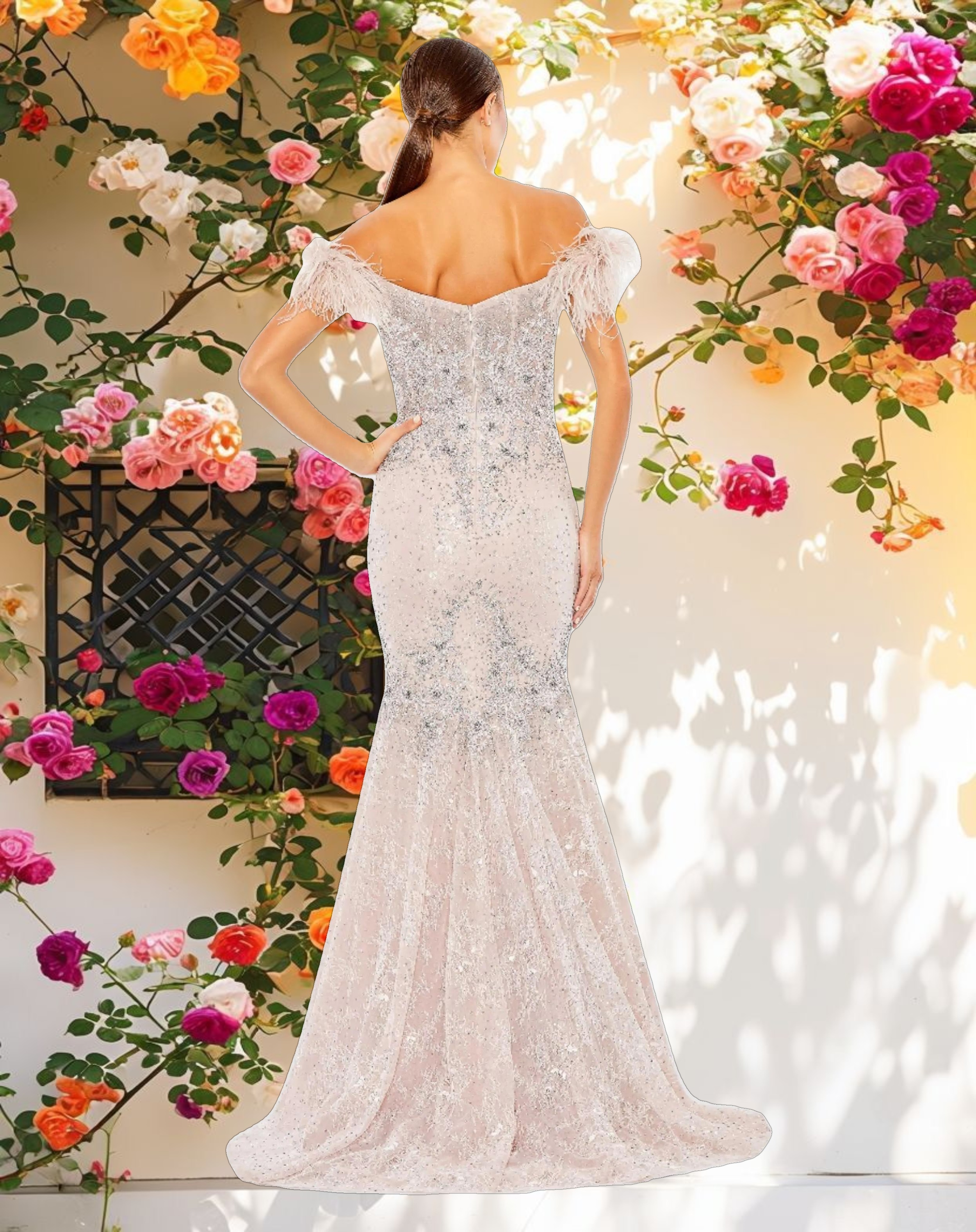 Blue Feathered Crystal Embellished Sleeveless Gown