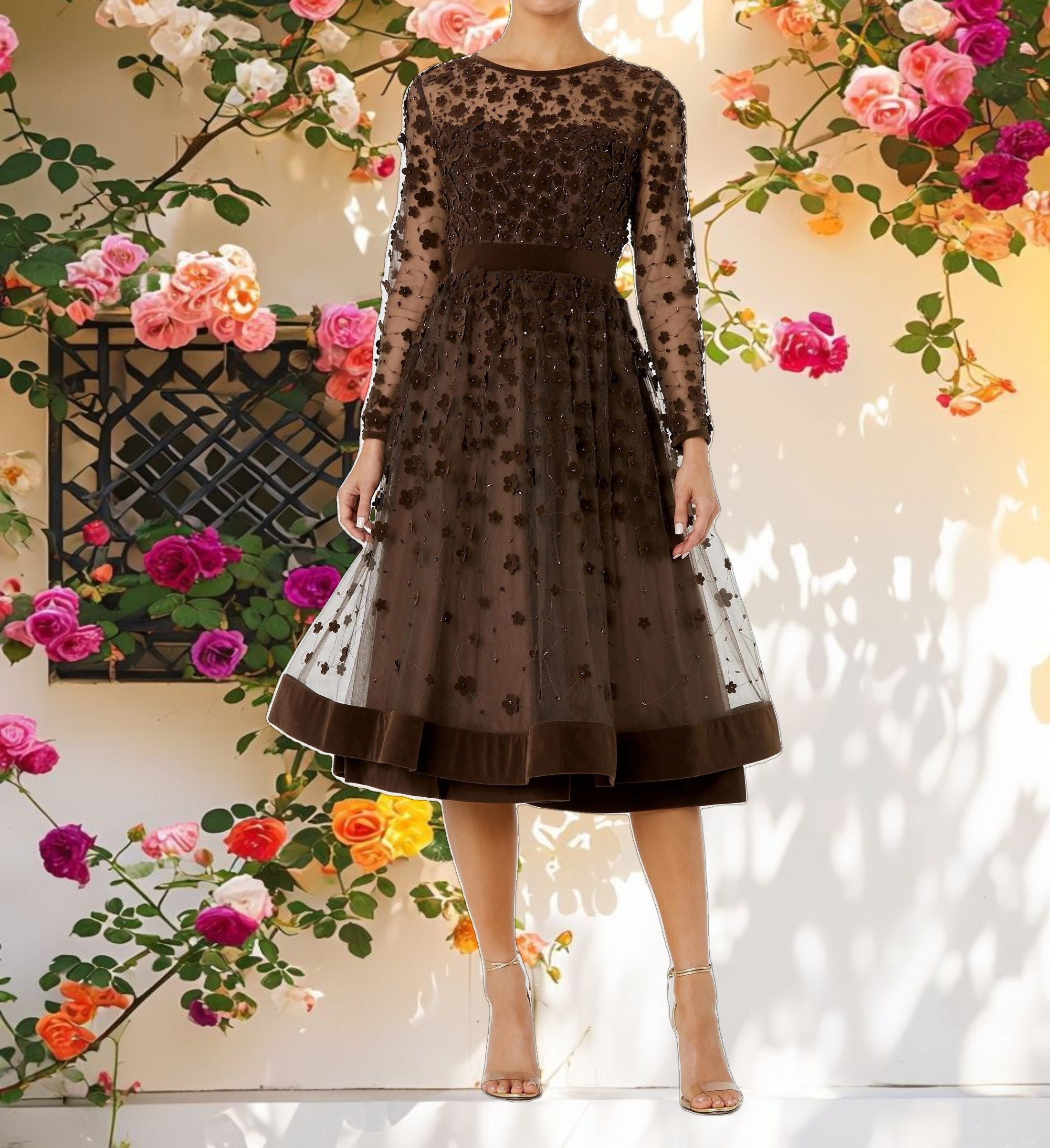 Brown Embellished Illusion High Neck Long Sleeve Fit & Flare Dress