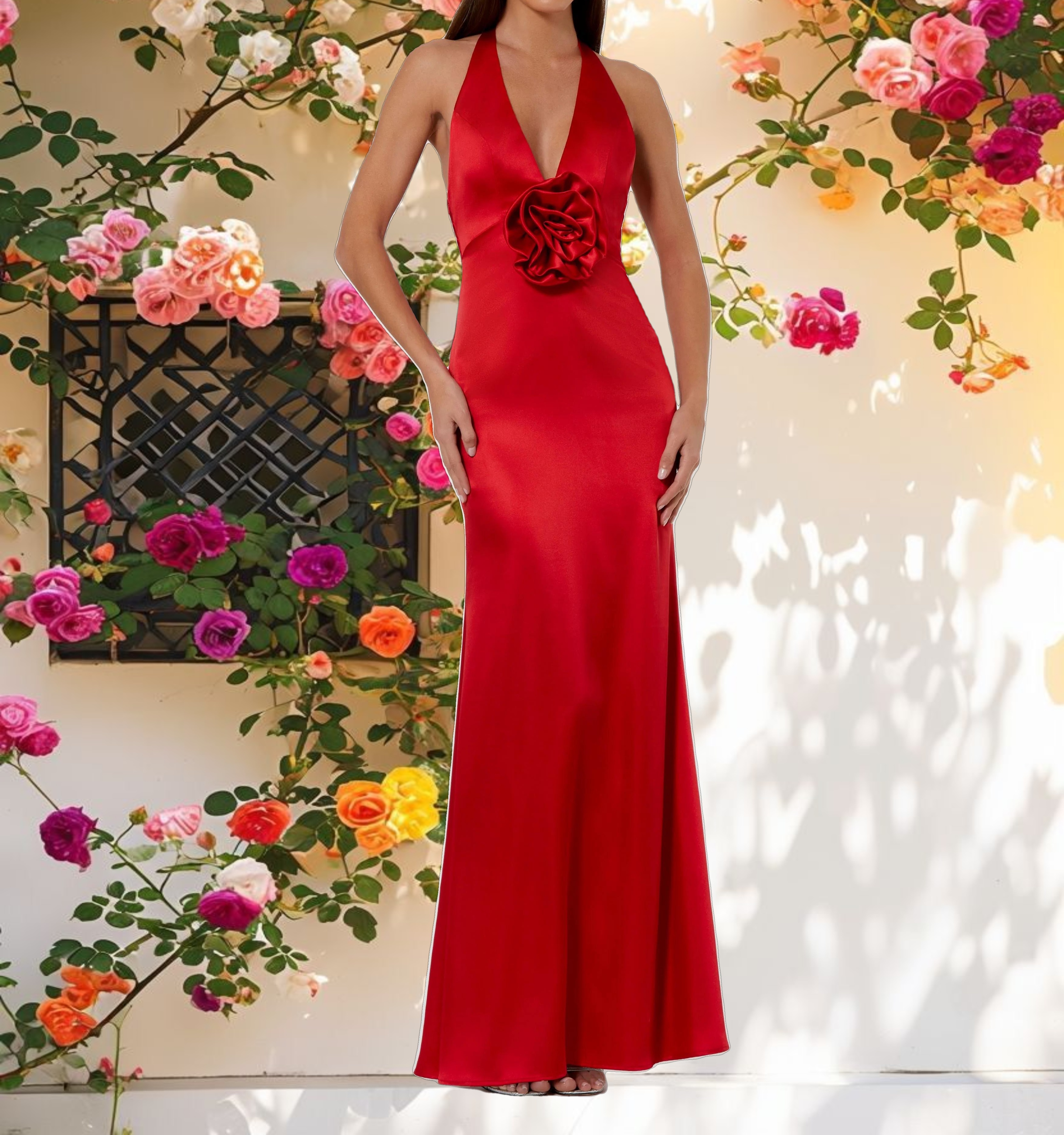 Satin Halter Gown With Floral Detail