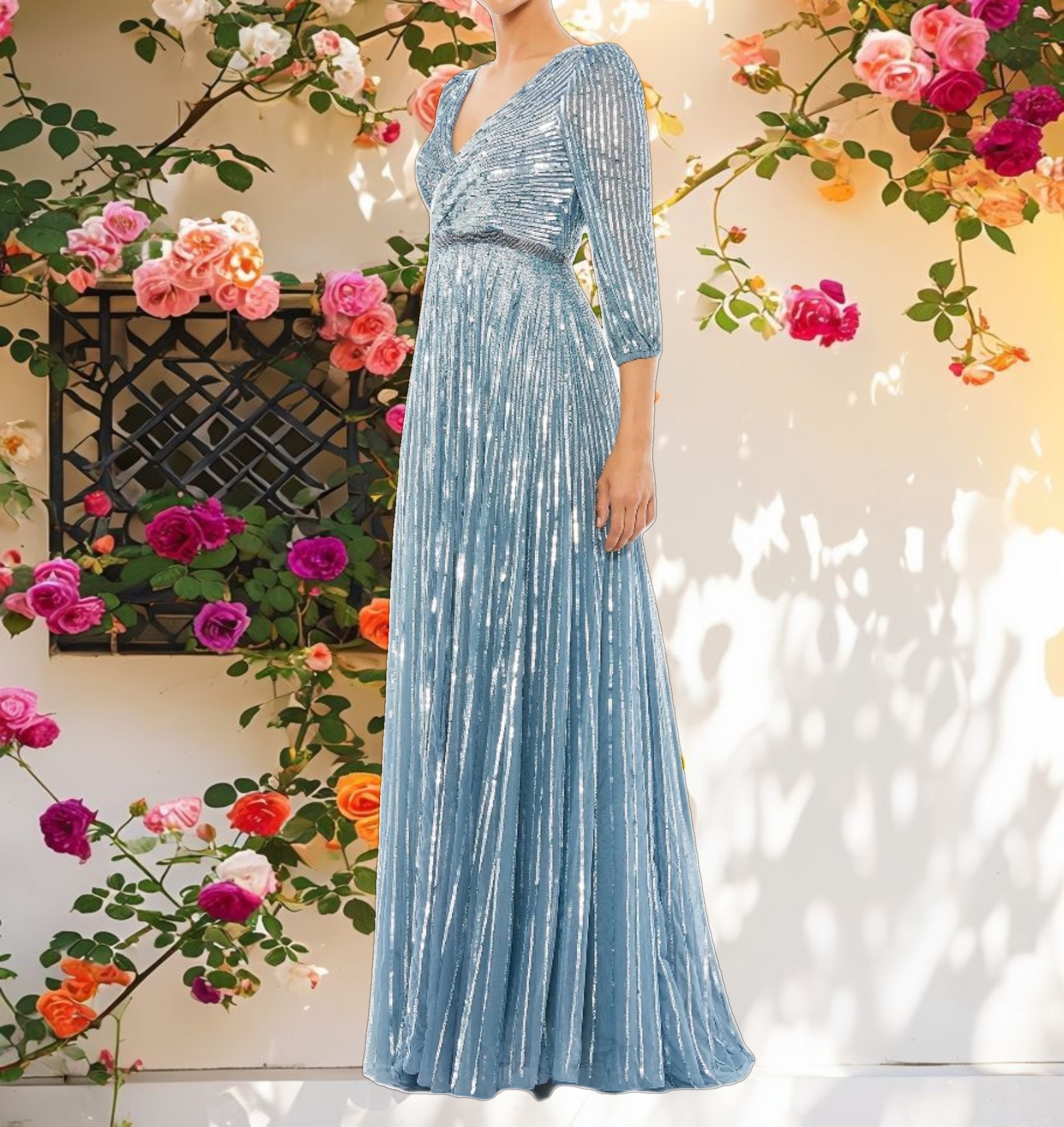 Blue Sequined Wrap Over 3/4 Sleeve Gown