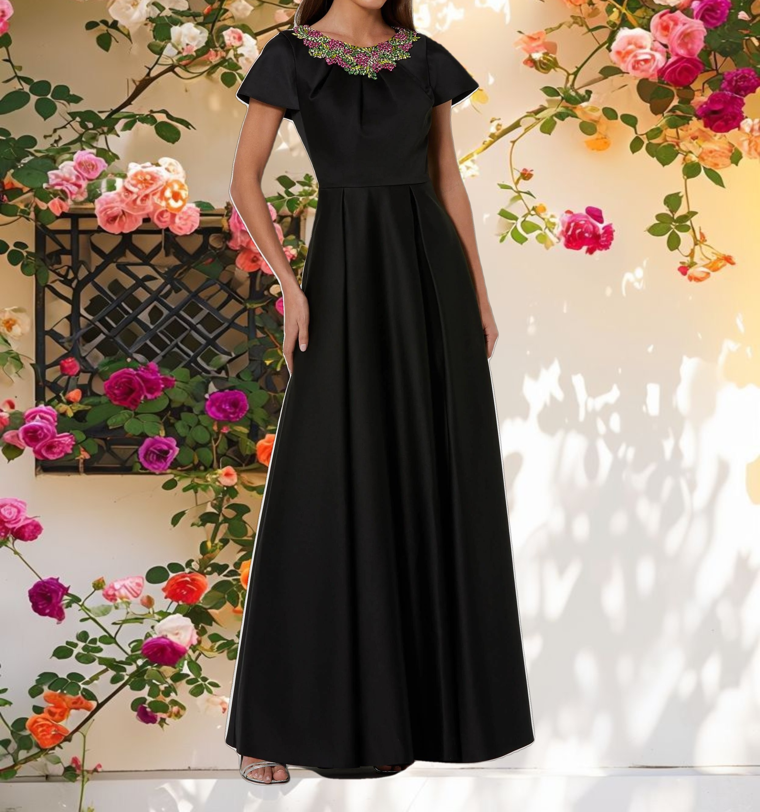 Black Satin Flutter Sleeve Gown