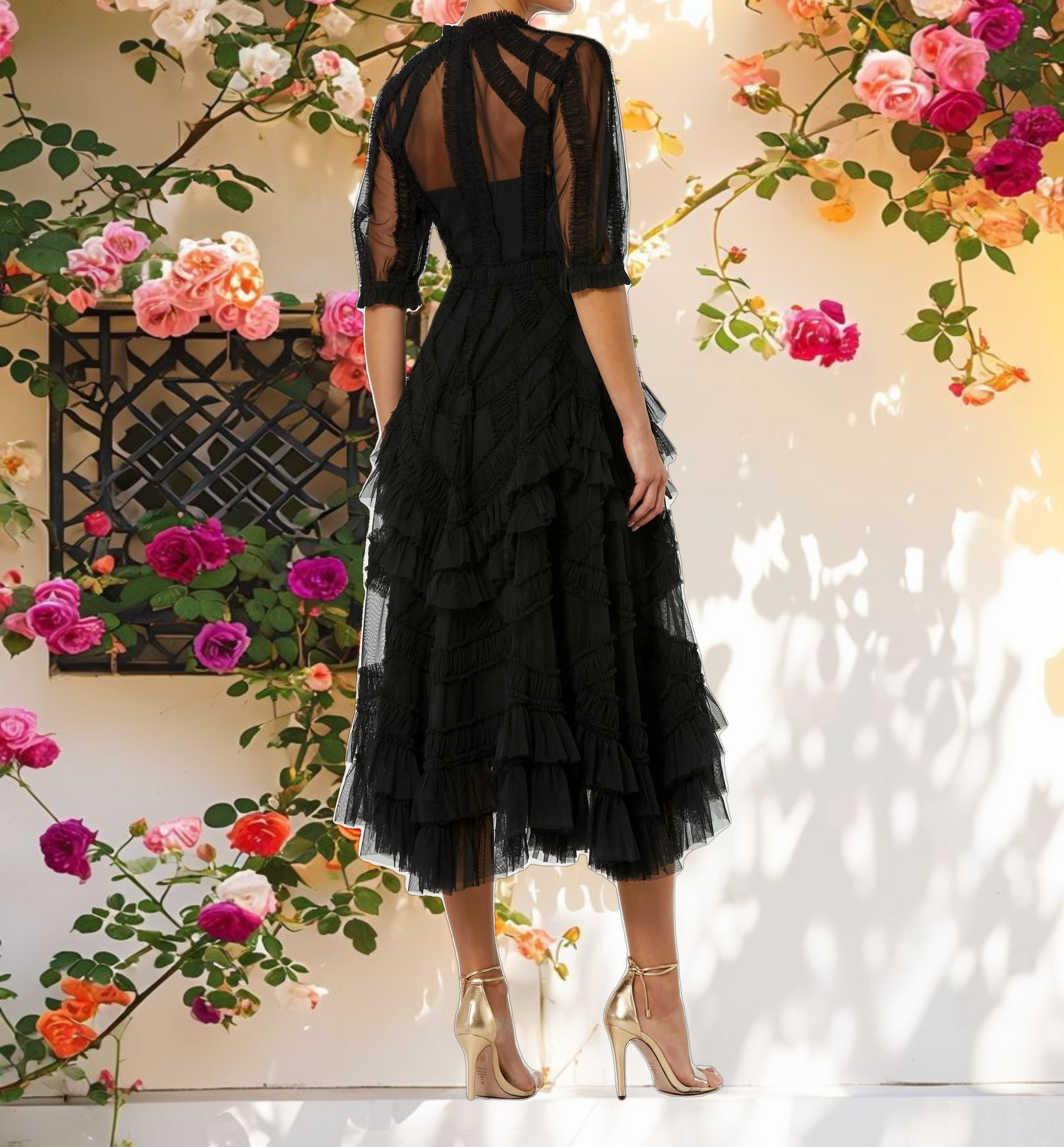 Black High Neck Micro Ruffle Tiered Midi Dress