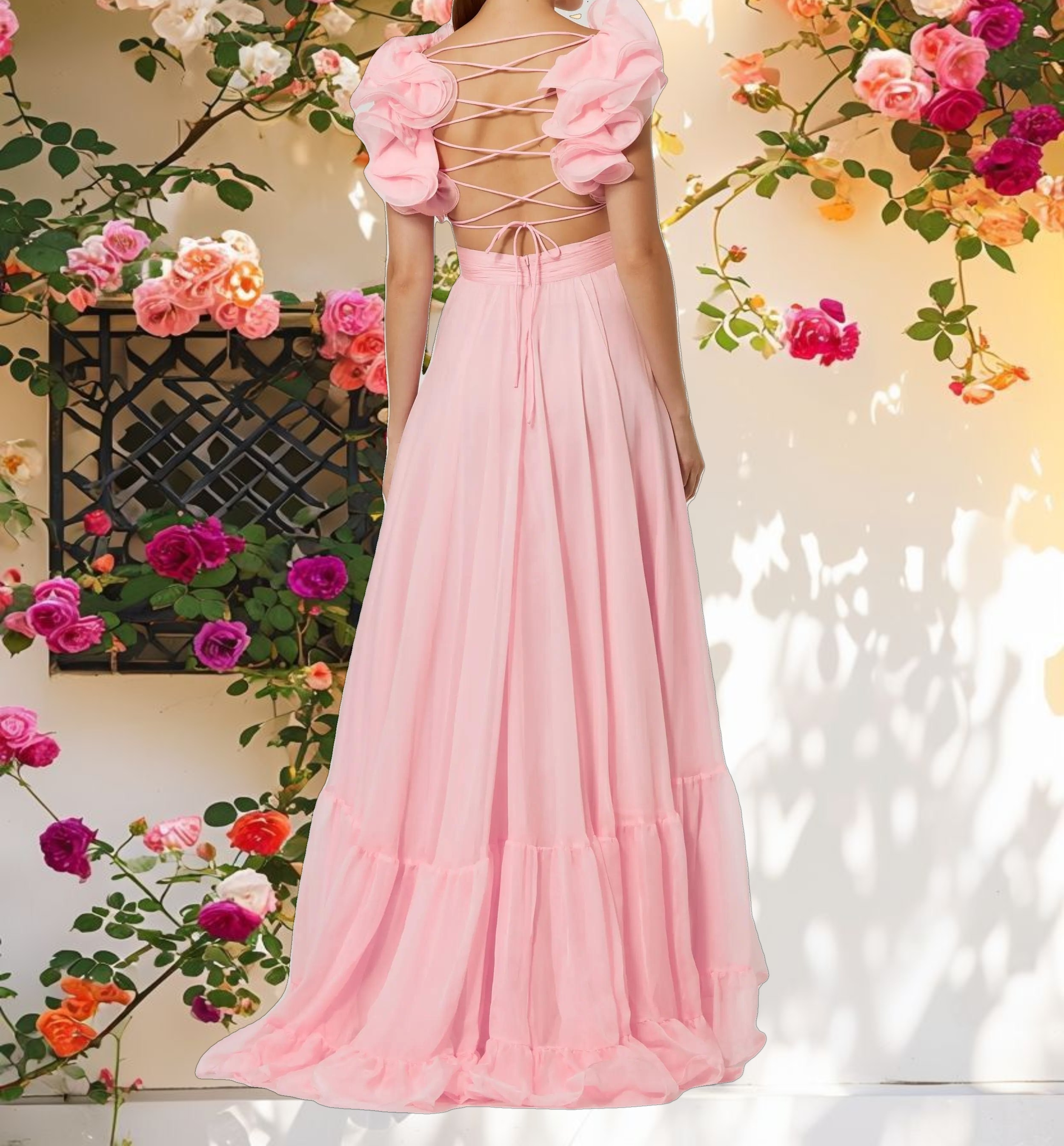 Ruffle Tiered Cut Out Chiffon Gown