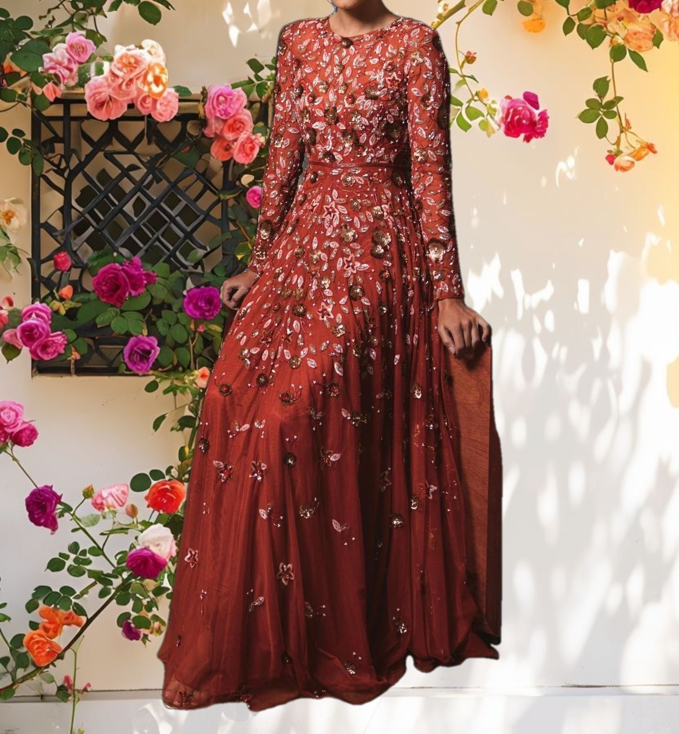 Studded High Neck Long Sleeve A Line Dress