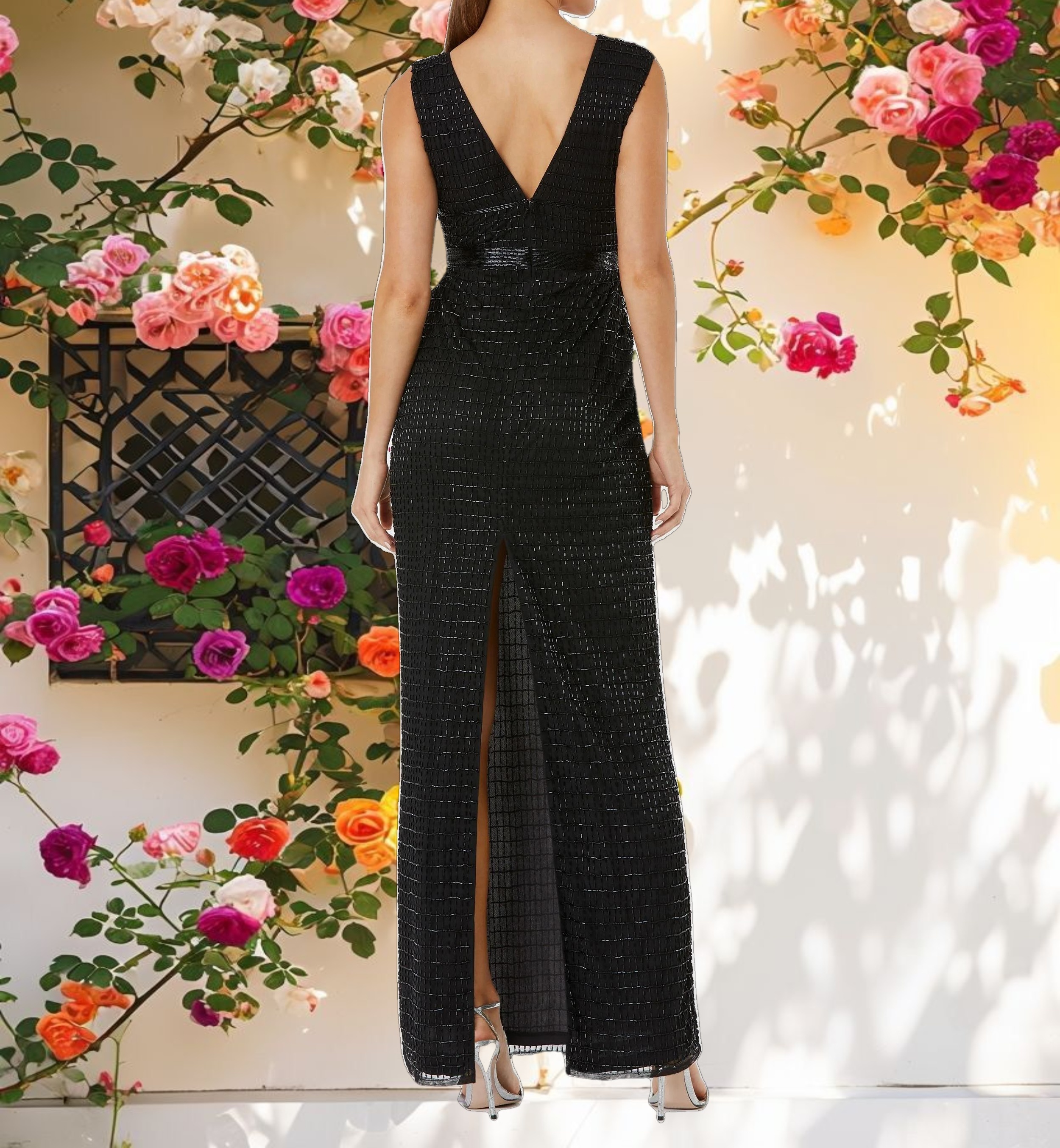 Beaded V Neck Column Dress