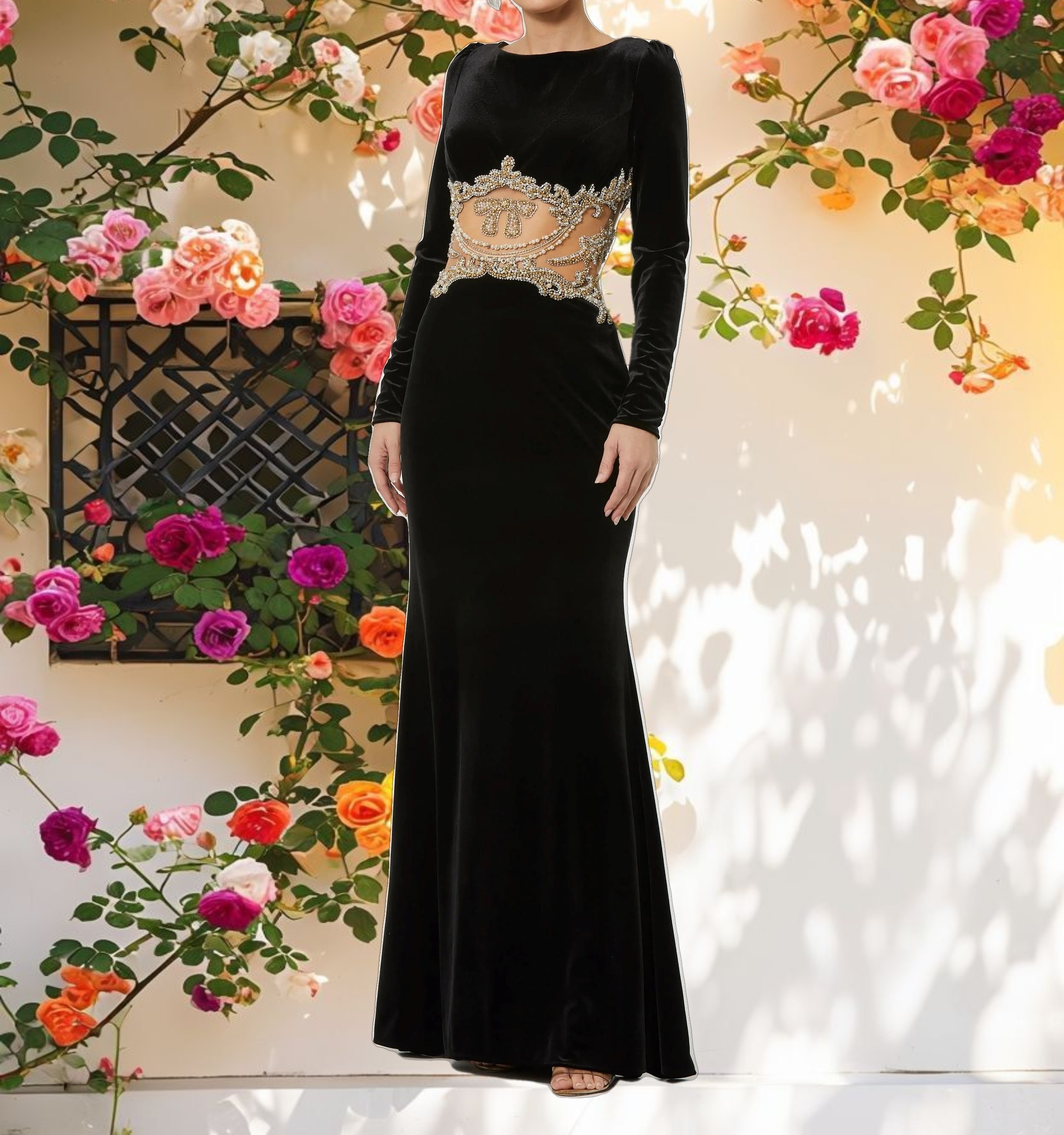 Long Draped Sleeve Sheer Embellished Detail Gown