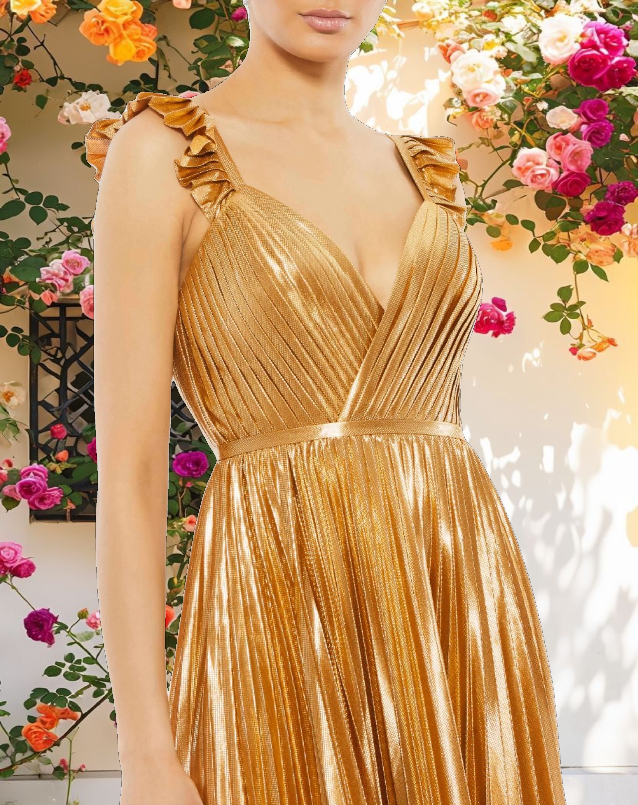 Gold Pleated Ruffled Sleeveless Gown