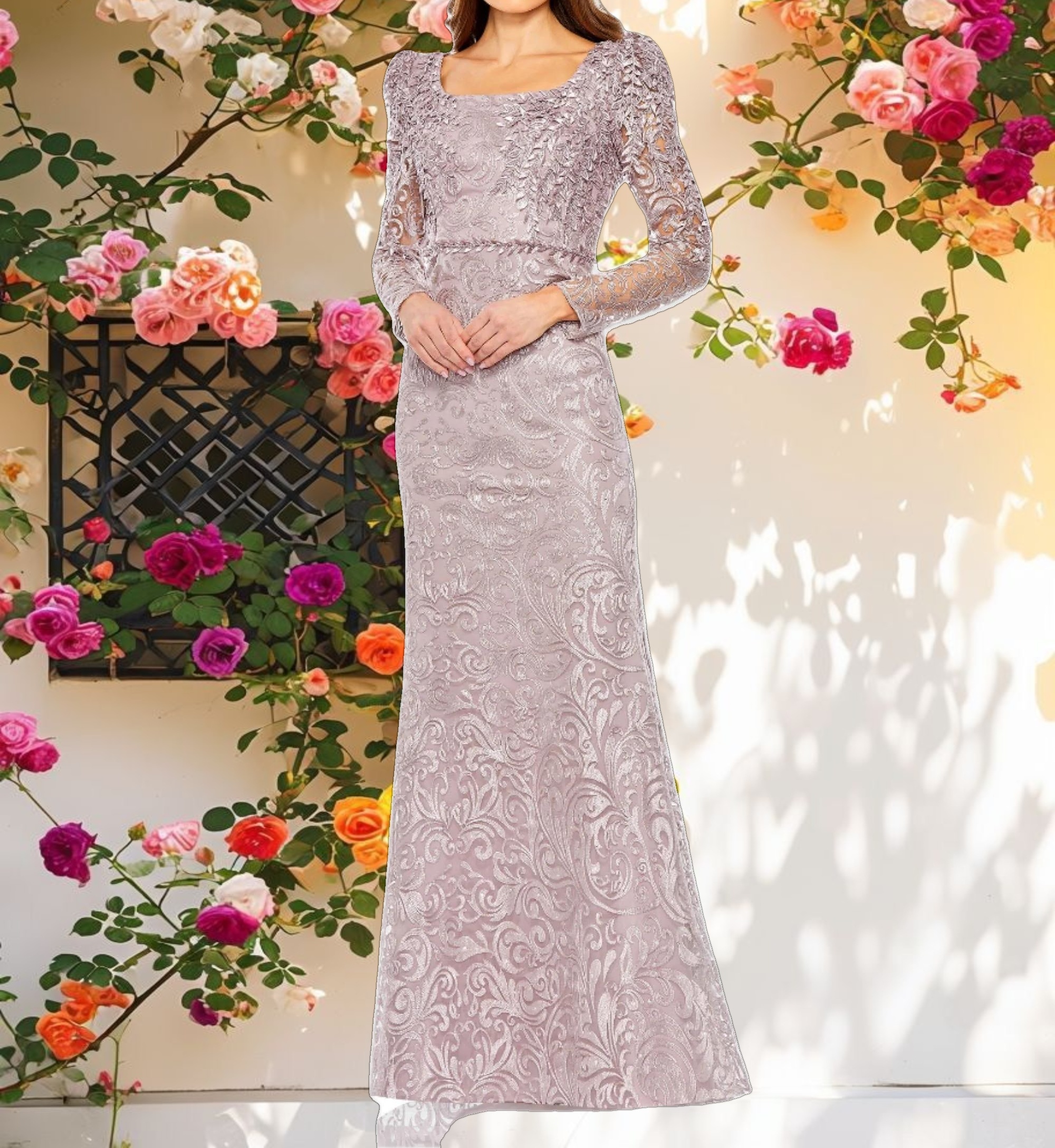 Purple Embroidered Lace Applique Shoulder Detail Trumpet Gown