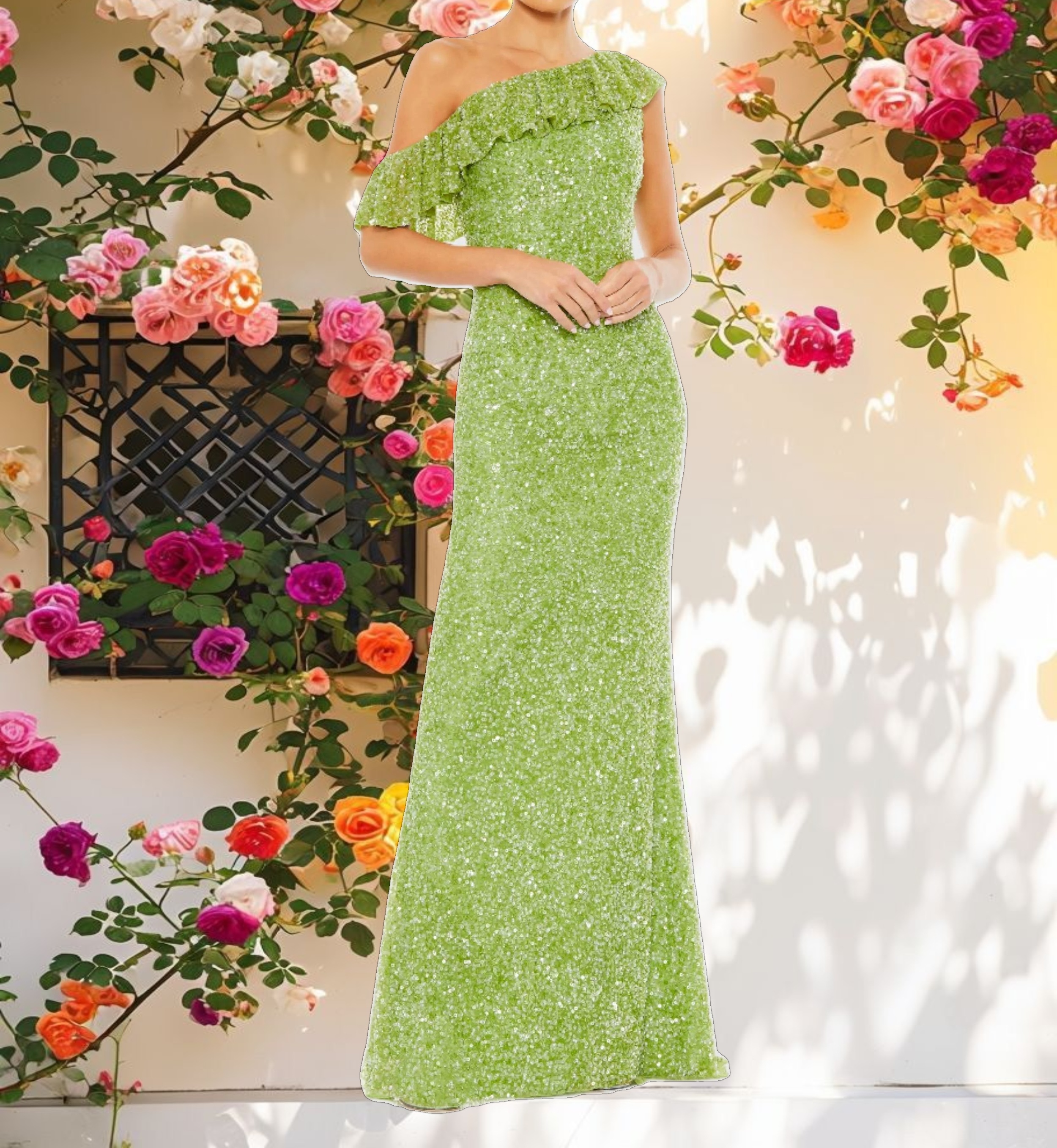 Green Sequined Drop Shoulder Trumpet Gown