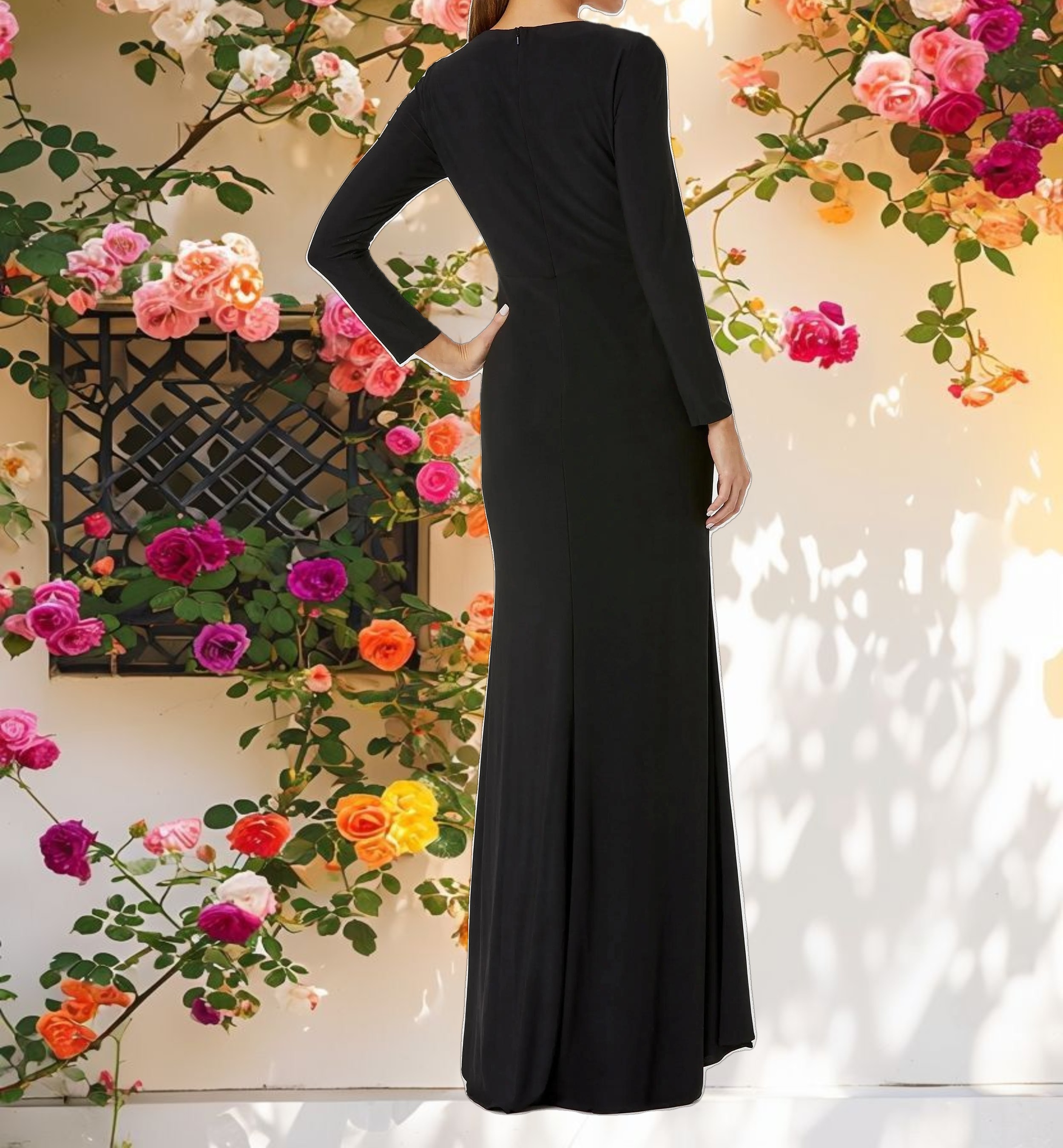 Black Synthetic Wrap Long Sleeve Dress with Decorative Detail