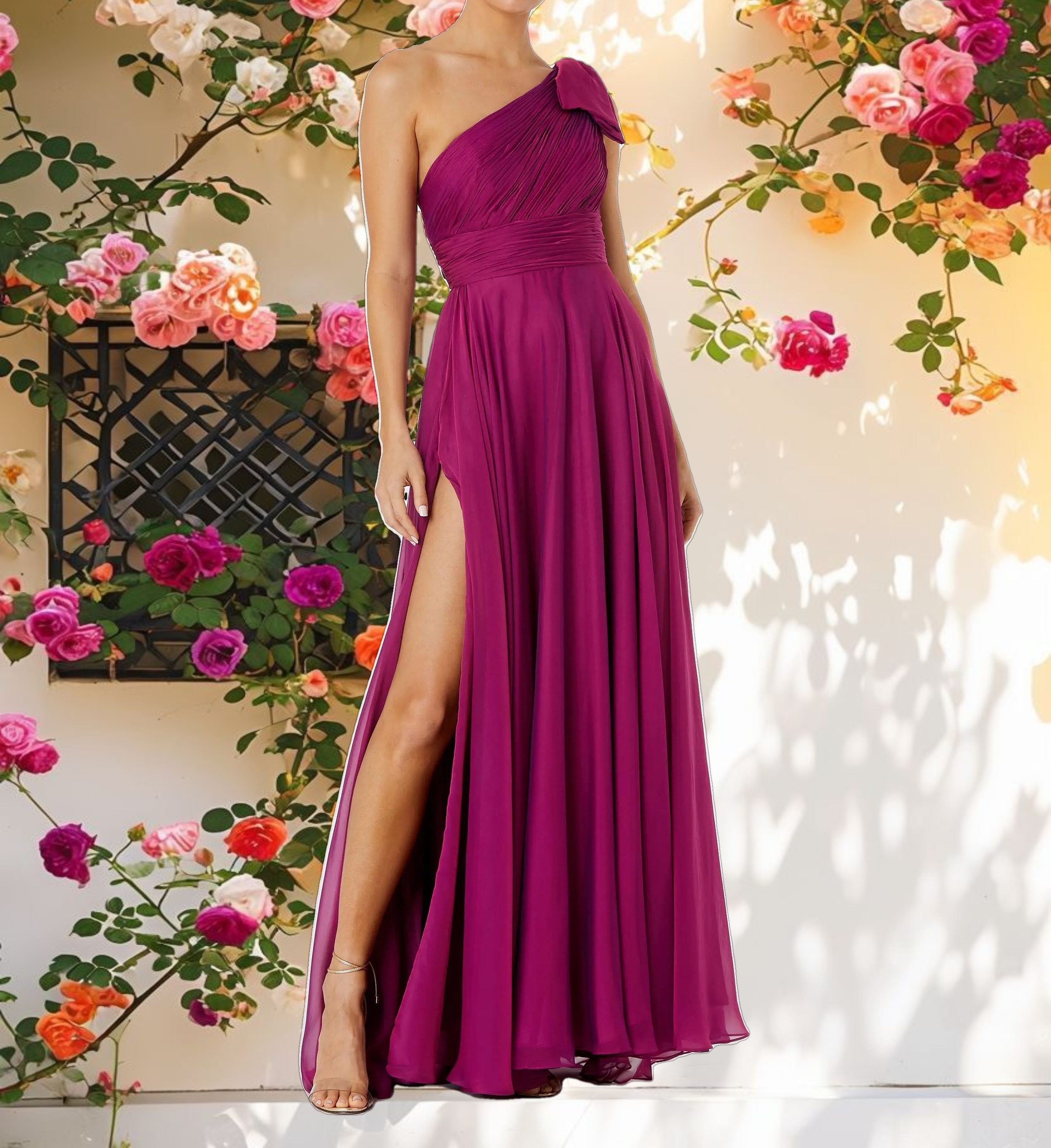 Blue Pleated One Shoulder Chiffon Gown