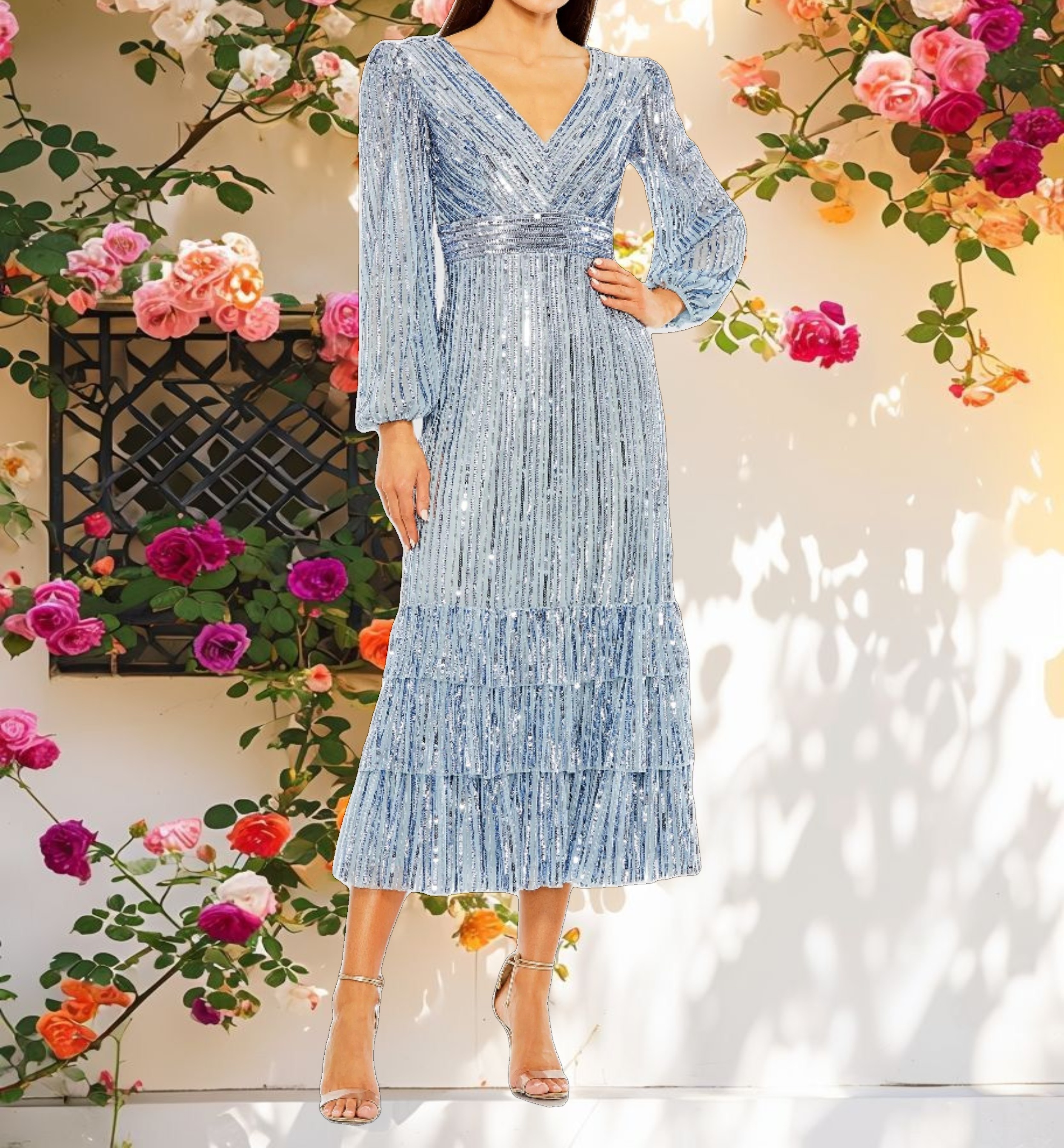 A Line V Neck Sequin Ruffle Dress