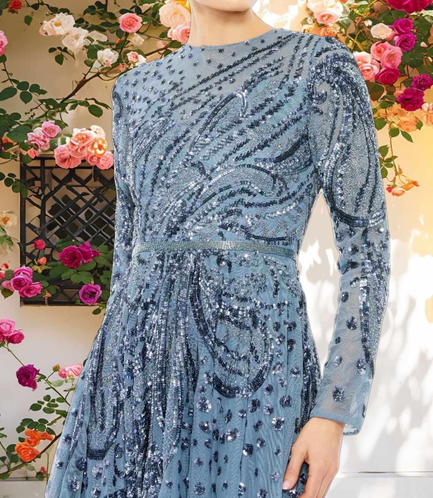 Blue Embellished Illusion High Neck Long Sleeve Dress