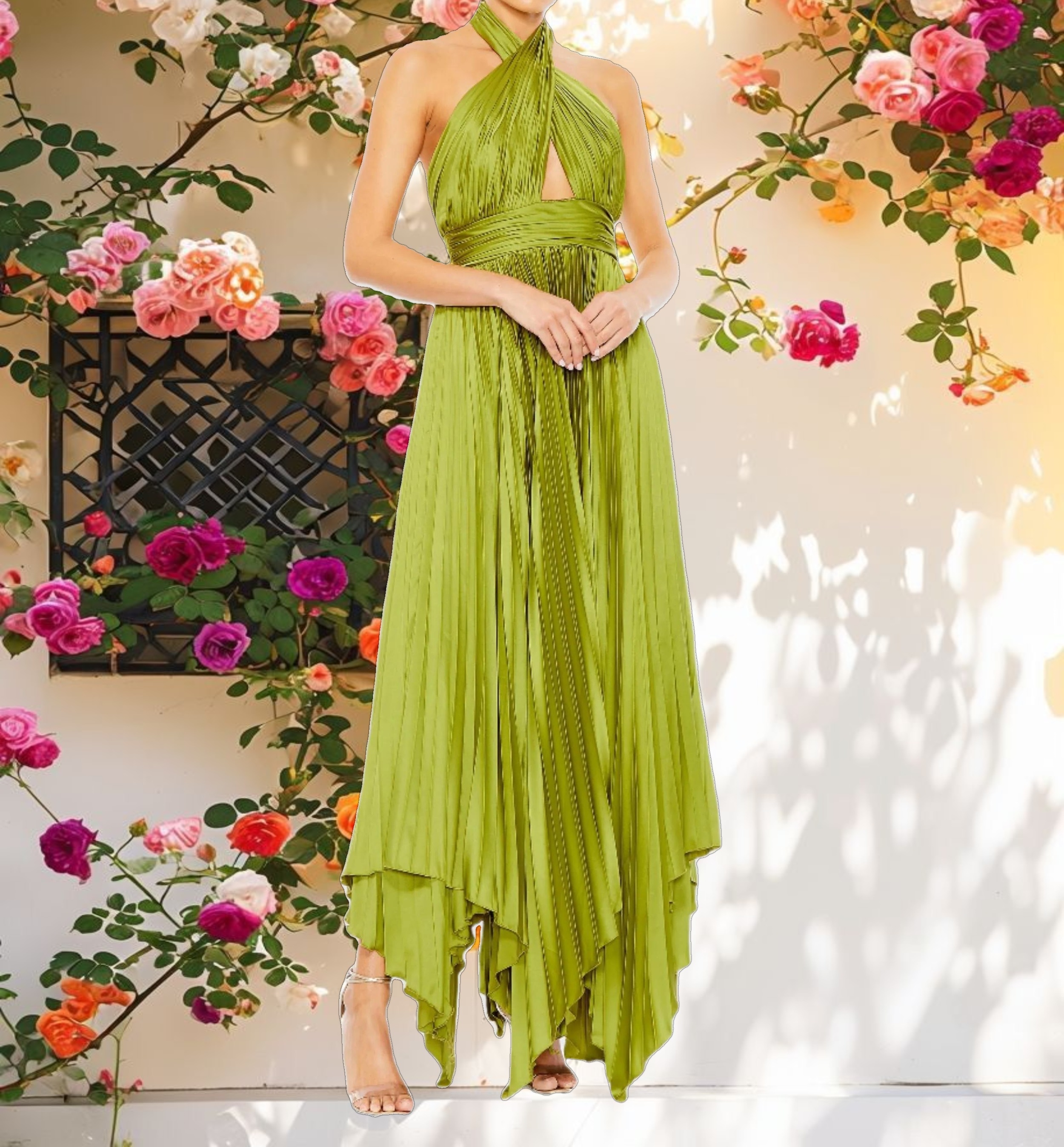 Blue Pleated Halter Neck Asymmetrical Hem Gown