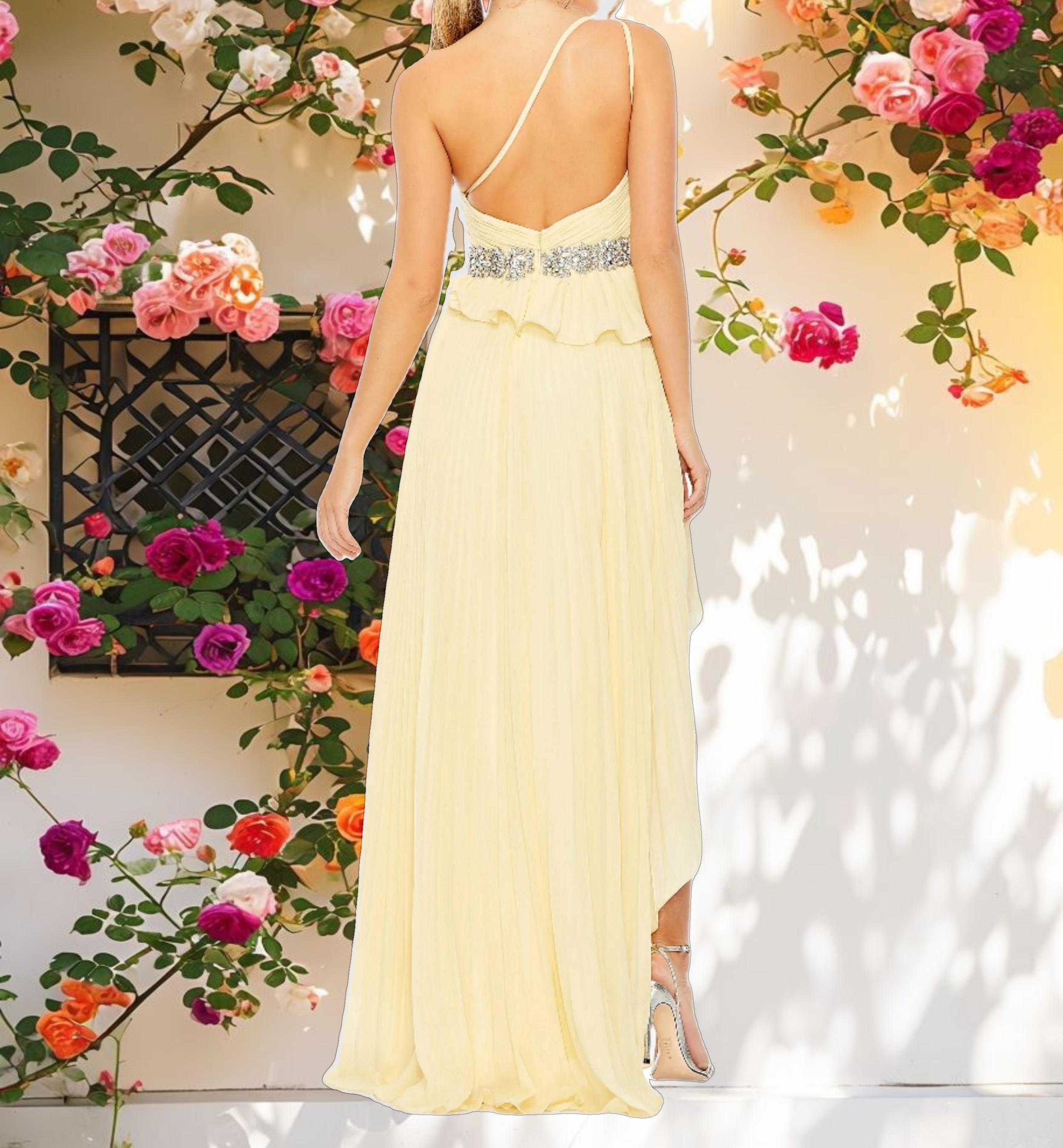 Yellow Pleated One Shoulder Asymmetrical Ruffle Hem Gown